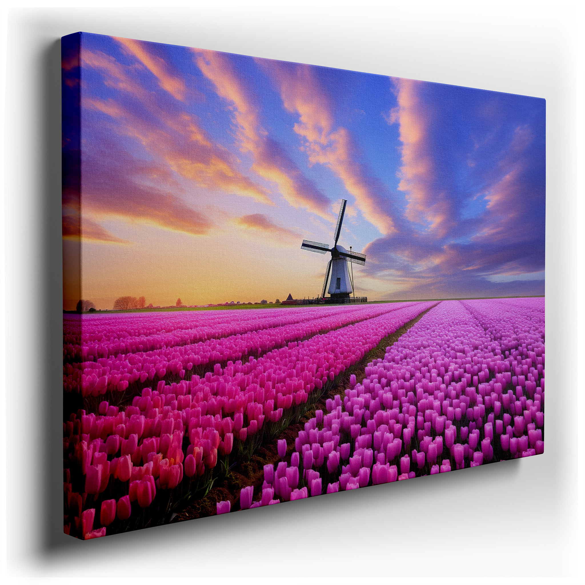 Vibrant Tulip Fields and Classic Windmill Beneath a Dramatic Sky: Large Canvas Wall Art for Office, Bedroom, and Living
