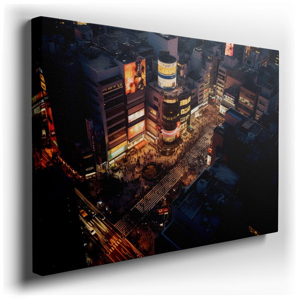 Vibrant Urban Intersection at Night - Colorful Canvas Wall Art