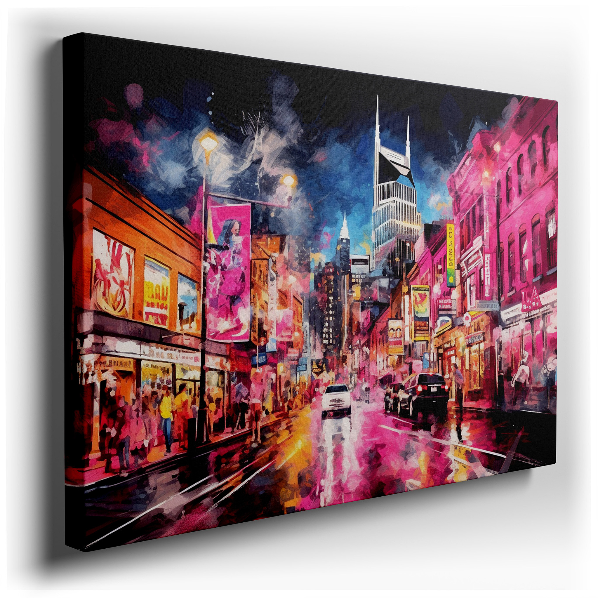 Vibrant Urban Nights: Neon Lights and Rainy Streets - Large Canvas Wall Art for Office and Bedroom Decor wrapped canvas