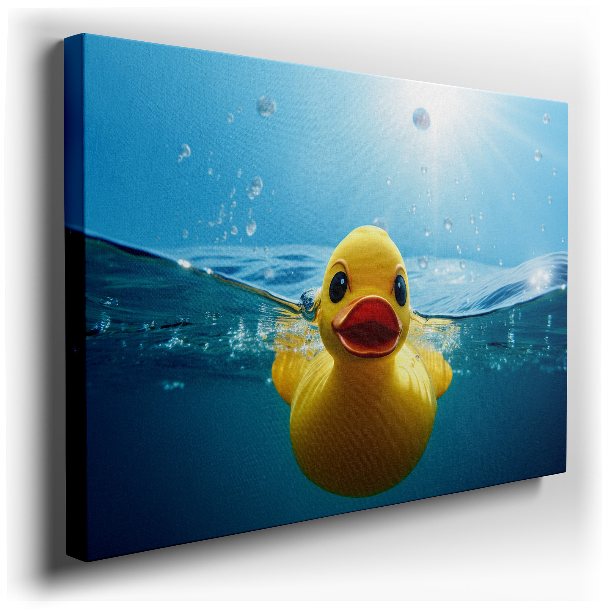 Vibrant Yellow Duck in Crystal Clear Waters: Playful Serenity Large Wall Art, Canvas Decor for Office and Bedroom
