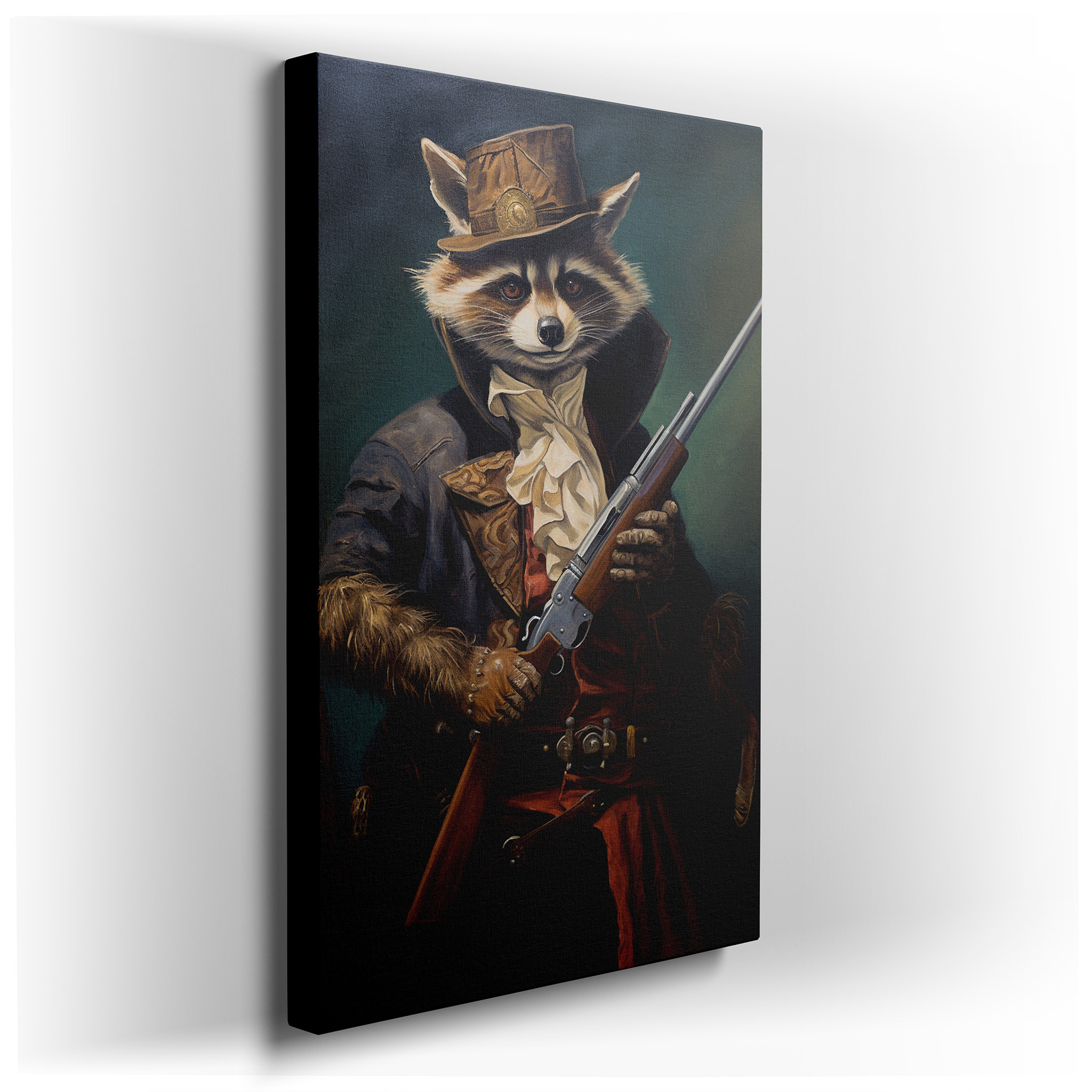 Victorian - Era Raccoon in Royal Outfit with Antique Rifle in Lush Forest Scene - Large Canvas Wall Art for Office and