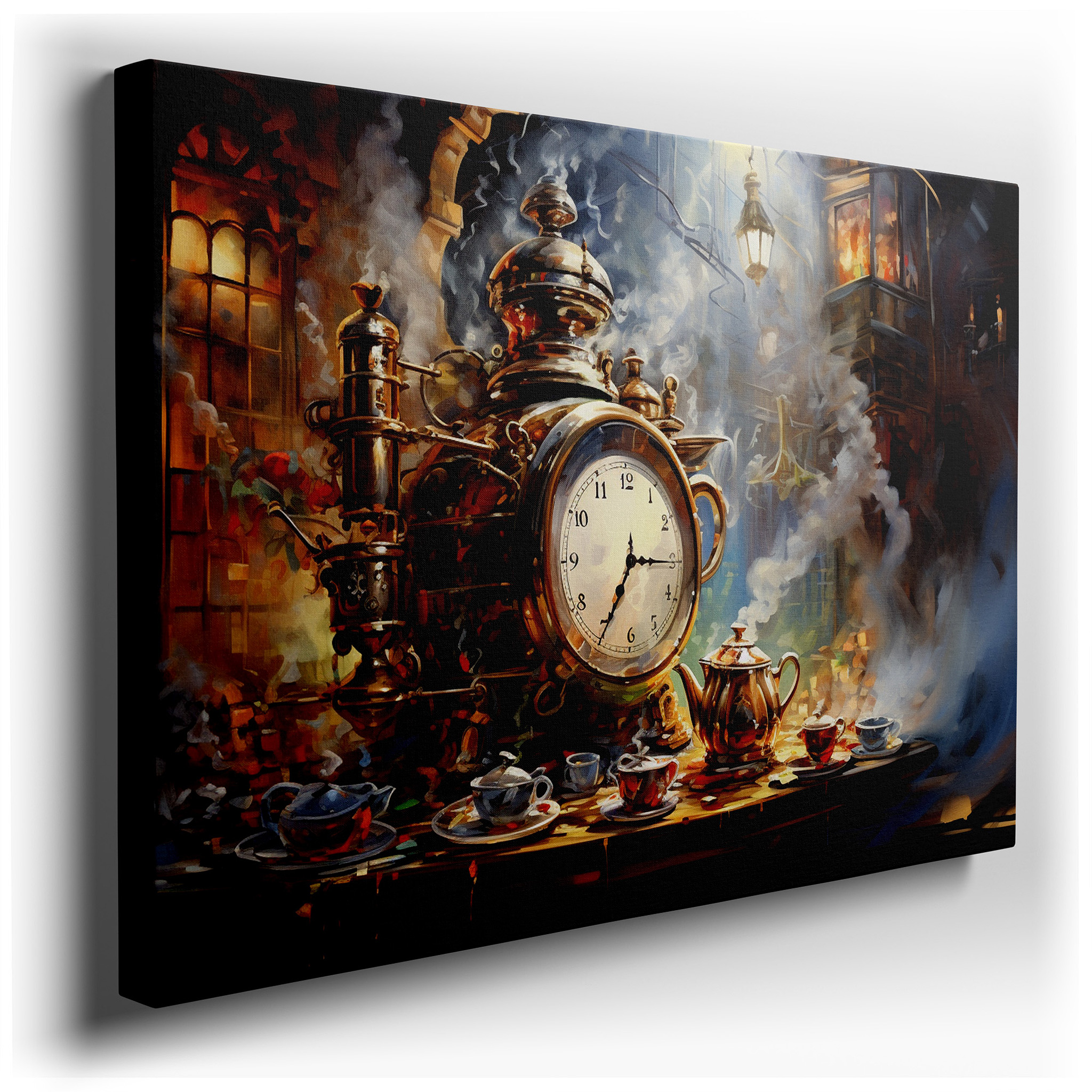 Victorian Still Life Wall Art: Featuring a Steam Clock and Tea Set - Large Canvas Art for Home and Office Decor,