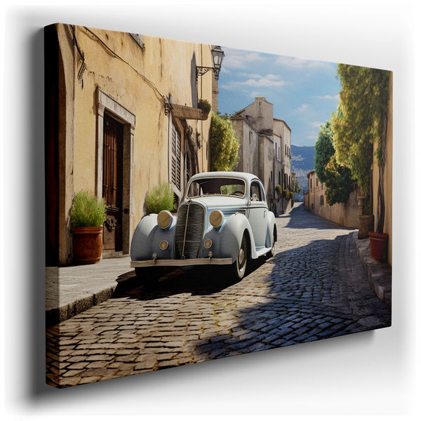 Vintage Blue Classic Car on Cobblestone Street - Canvas Wall Art