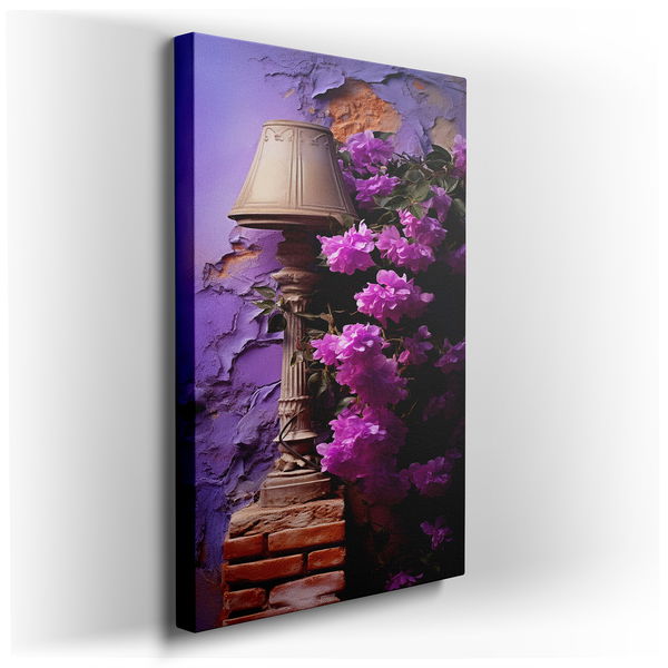 Vintage Lamp and Purple Flowers - Elegant Canvas Art
