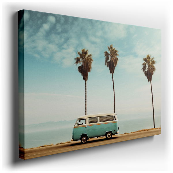 Vintage Volkswagen Van on Coastal Road - Large Canvas Wall Art