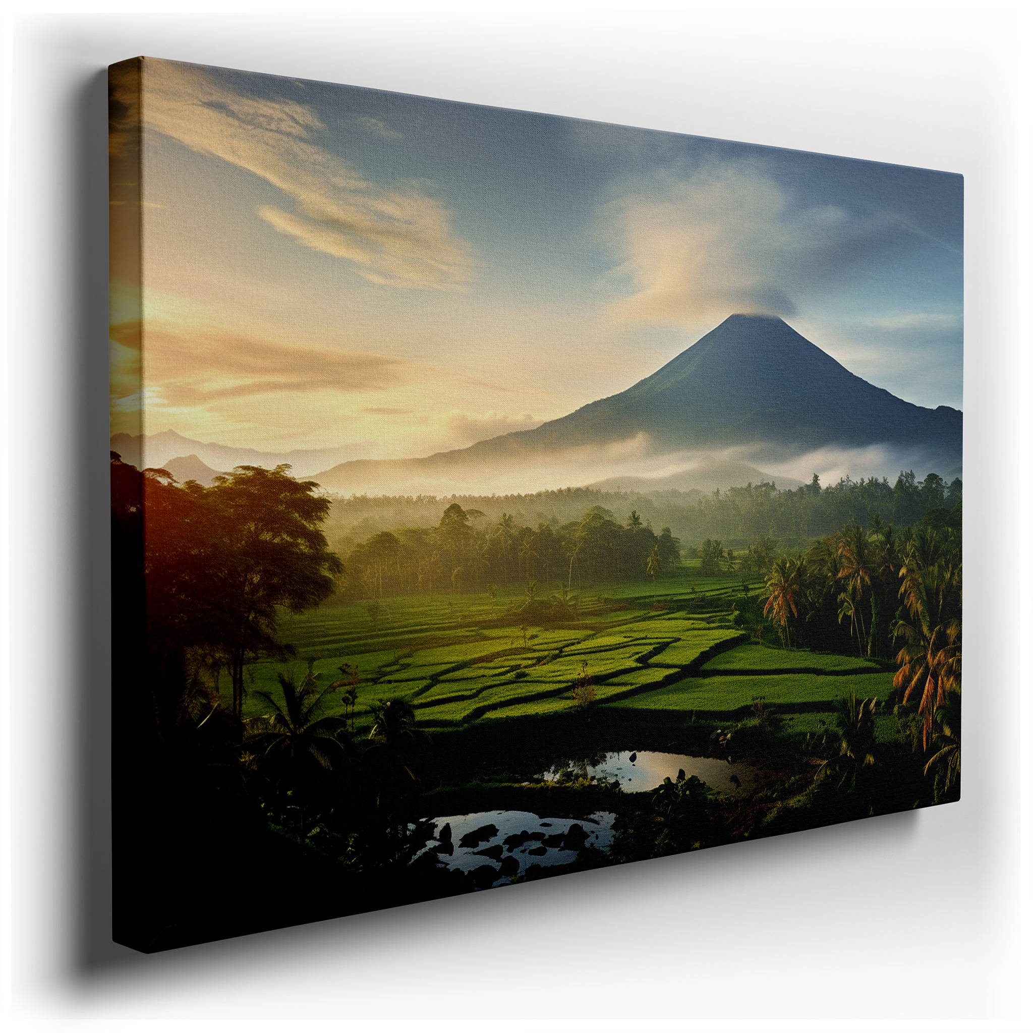 Volcanic Dawn Majesty: Lush Landscapes and Golden Light Large Canvas Wall Art for Home and Office Decor wrapped canvas