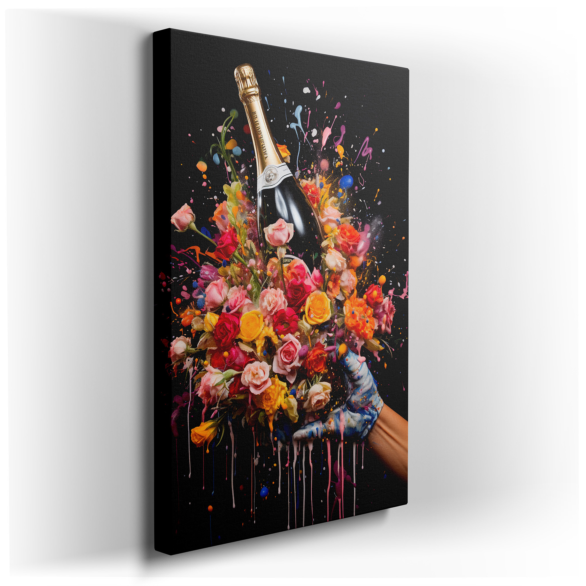 A Celebration of Life with Champagne and Vibrant Bursts of Joy and Creativity - Large Canvas Wall Art for Office and