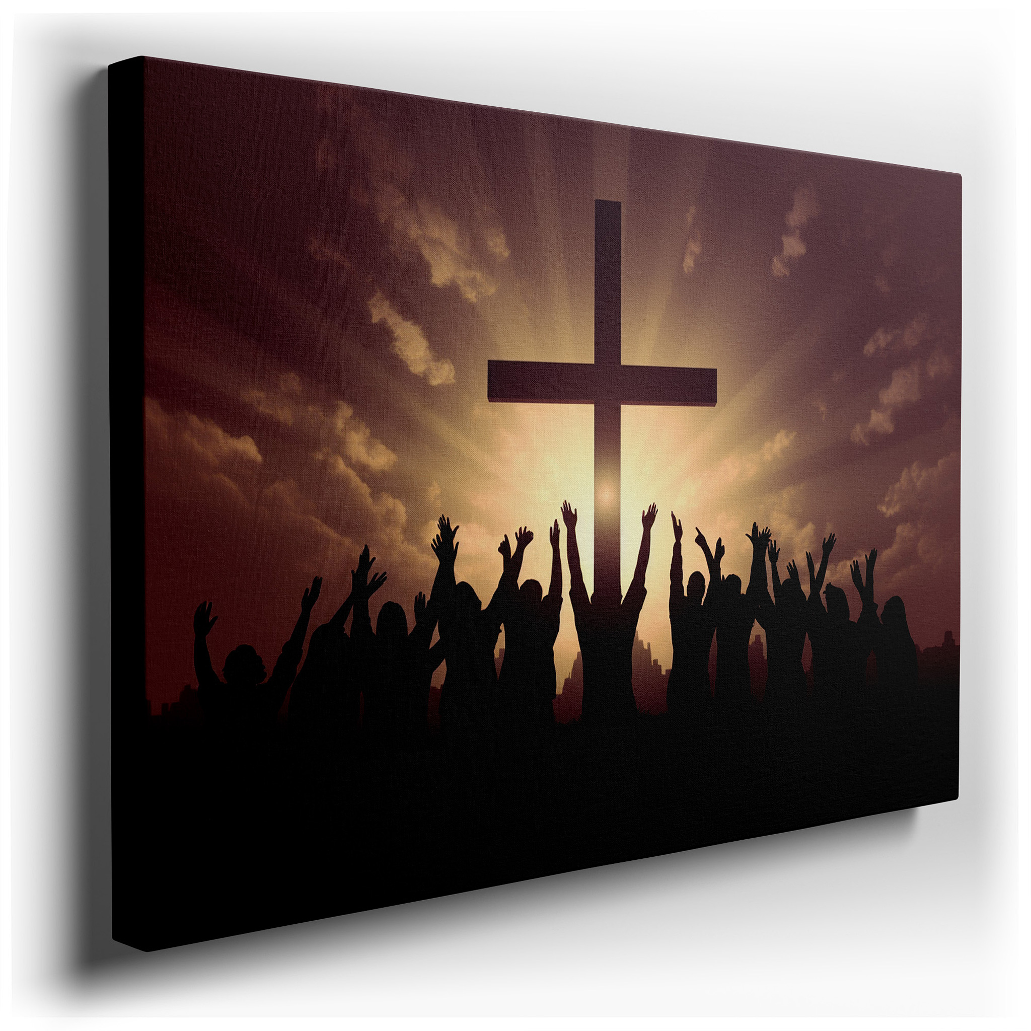 A Crowd United in Worship at Sunrise, Silhouetted Against a Majestic Cross, Symbolizing Light and Hope - Large Canvas
