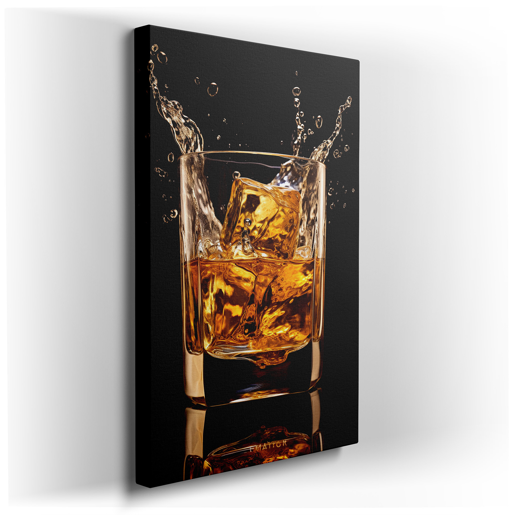 "A Dance of Ice and Whiskey Amidst Golden Splashes" - Large Canvas Art for Office, Bedroom, and Living Room Decor