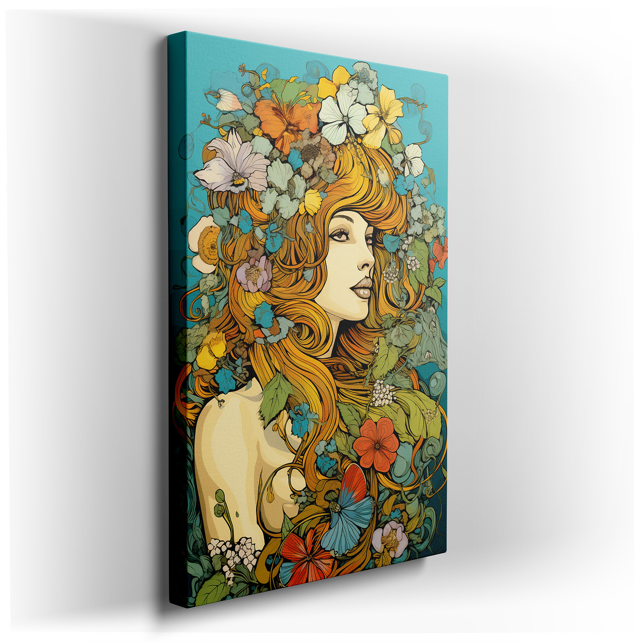 A Lush Floral Portrait Blending Femininity with Nature - Large Canvas Wall Art for Office and Bedroom Decor wrapped
