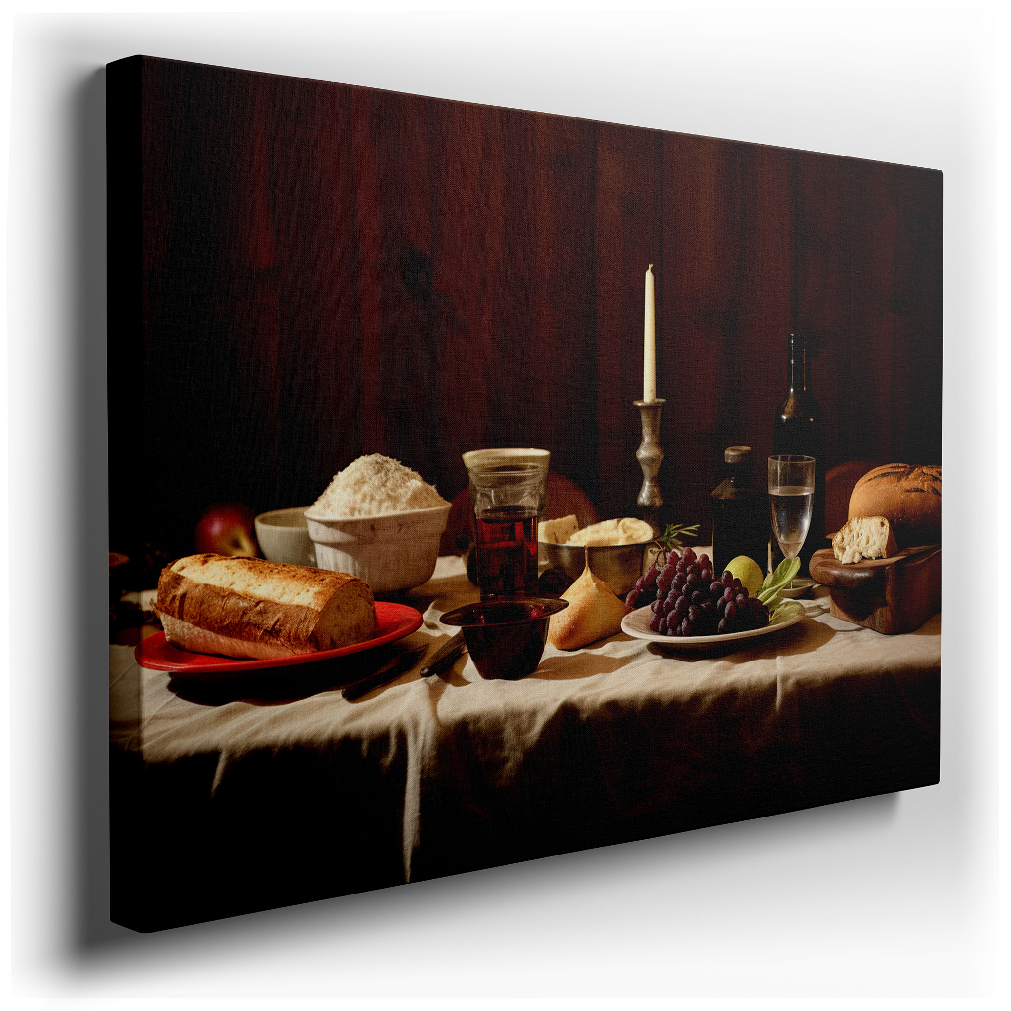 A Sensory Feast Featuring Golden Bread and Glowing Wine - Large Canvas Wall Art for Dining Rooms, Offices, and Bedrooms