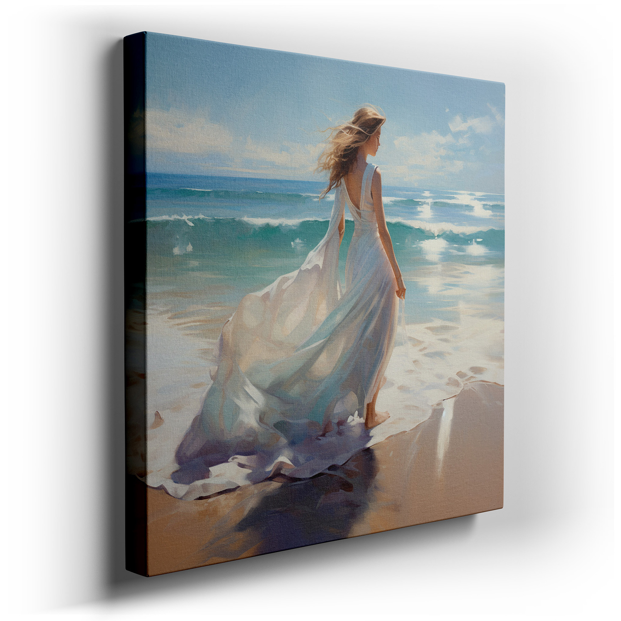 A Solitary Figure in White on a Sunlit Shoreline - Experience Tranquility and Connection with Nature. Ideal for Home or