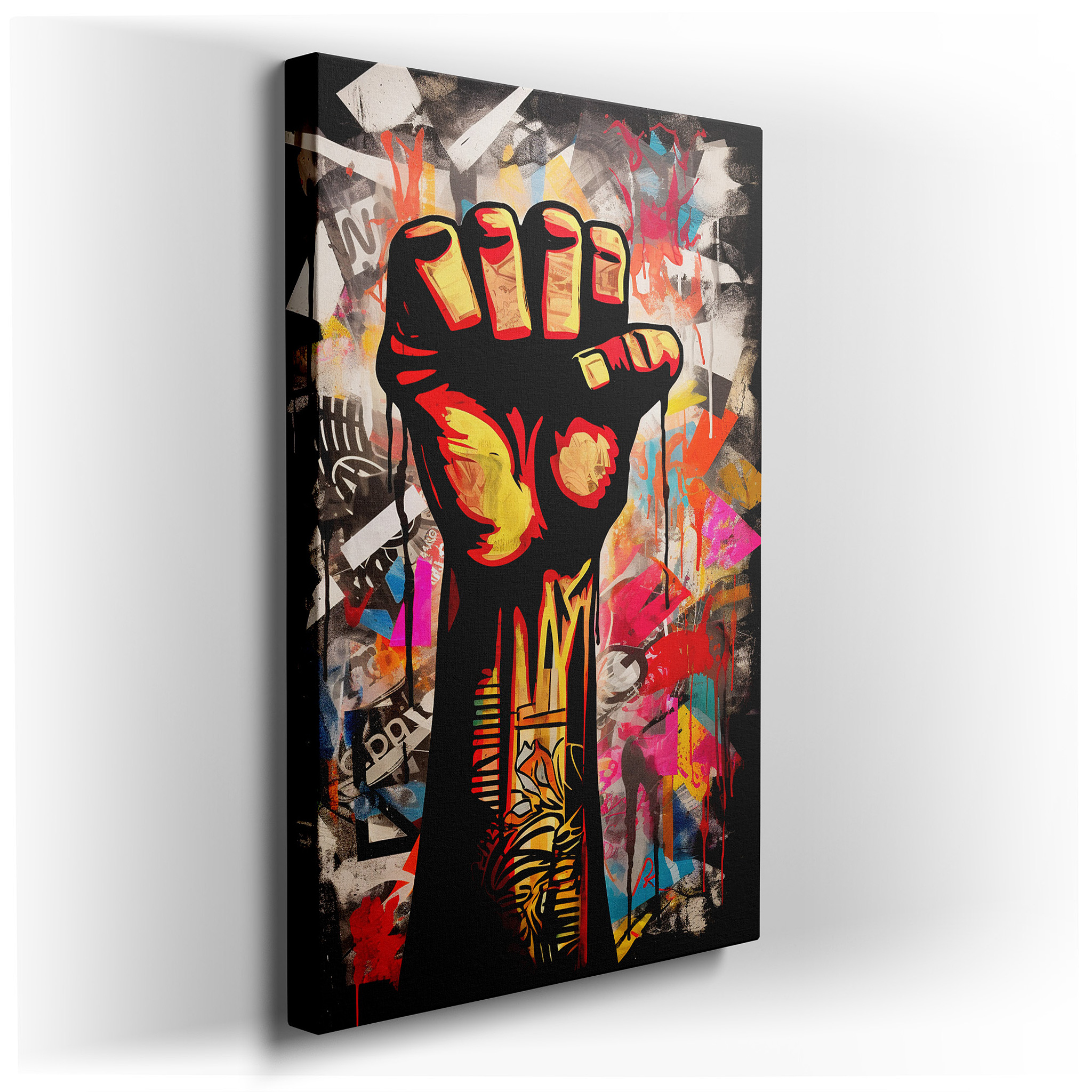 A Symbol of Defiance and Empowerment with a Raised Fist Surrounded by Urban Graffiti - Large Canvas Wall Art for Home