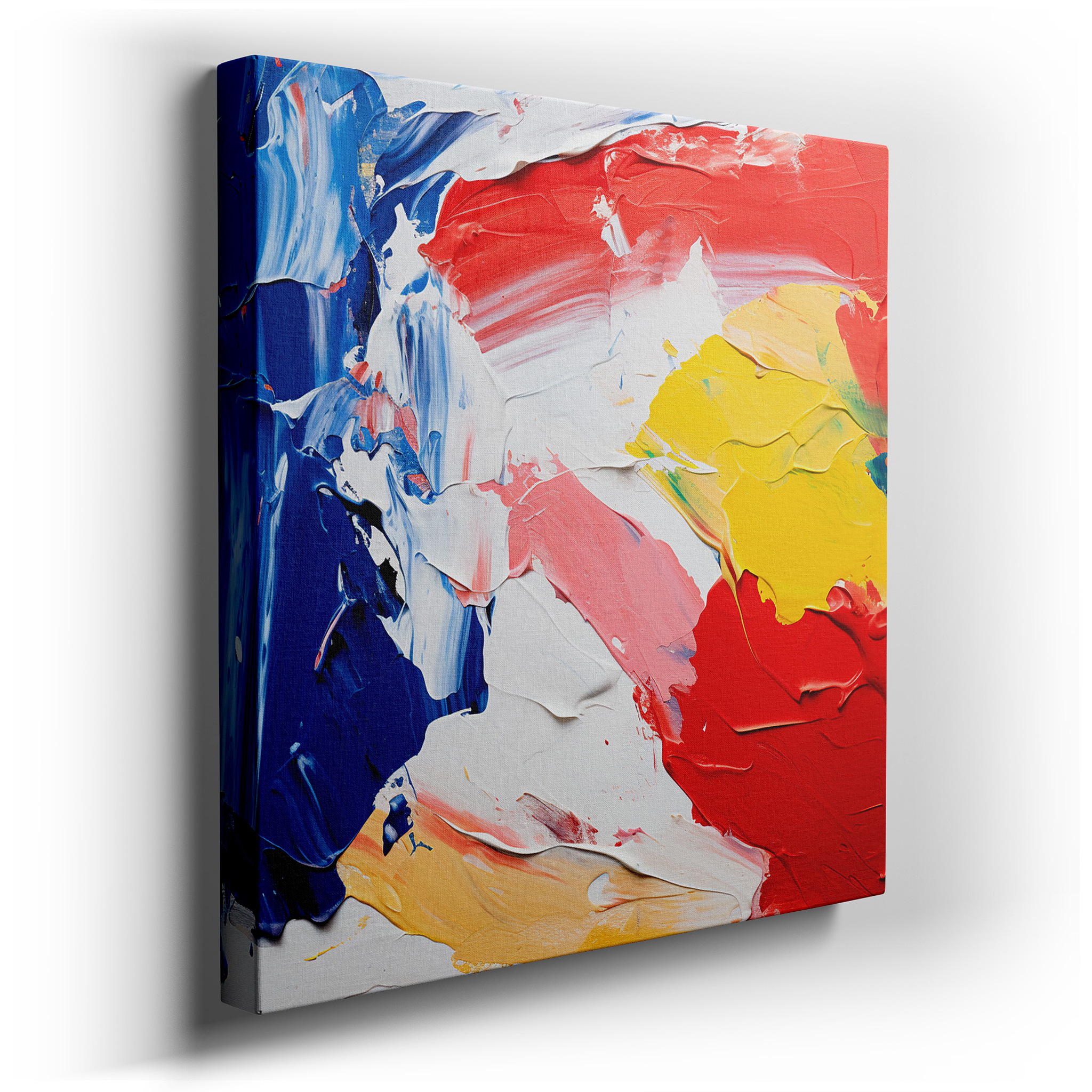 A Vivid Emotional Spectrum. Bold, textured strokes of red, blue, yellow, and white sweep across the canvas. Large Wall