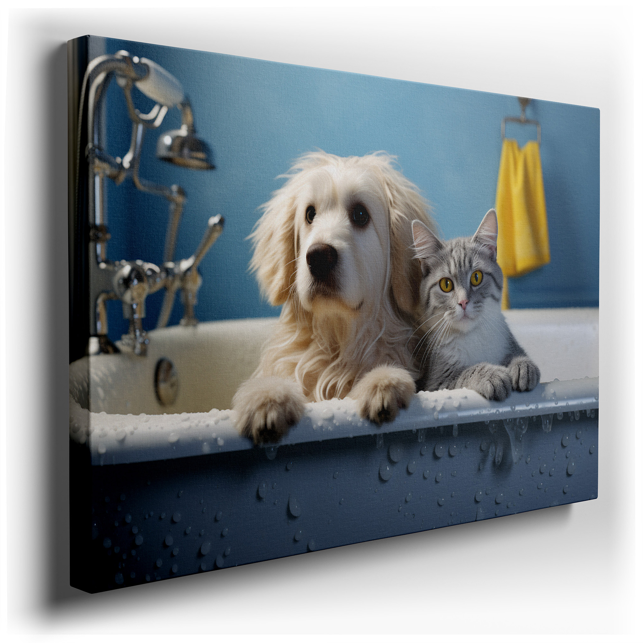 A Whimsical Scene of a Golden Dog and Gray Cat Enjoying a Peaceful Bath Together - Large Canvas Wall Art Decor