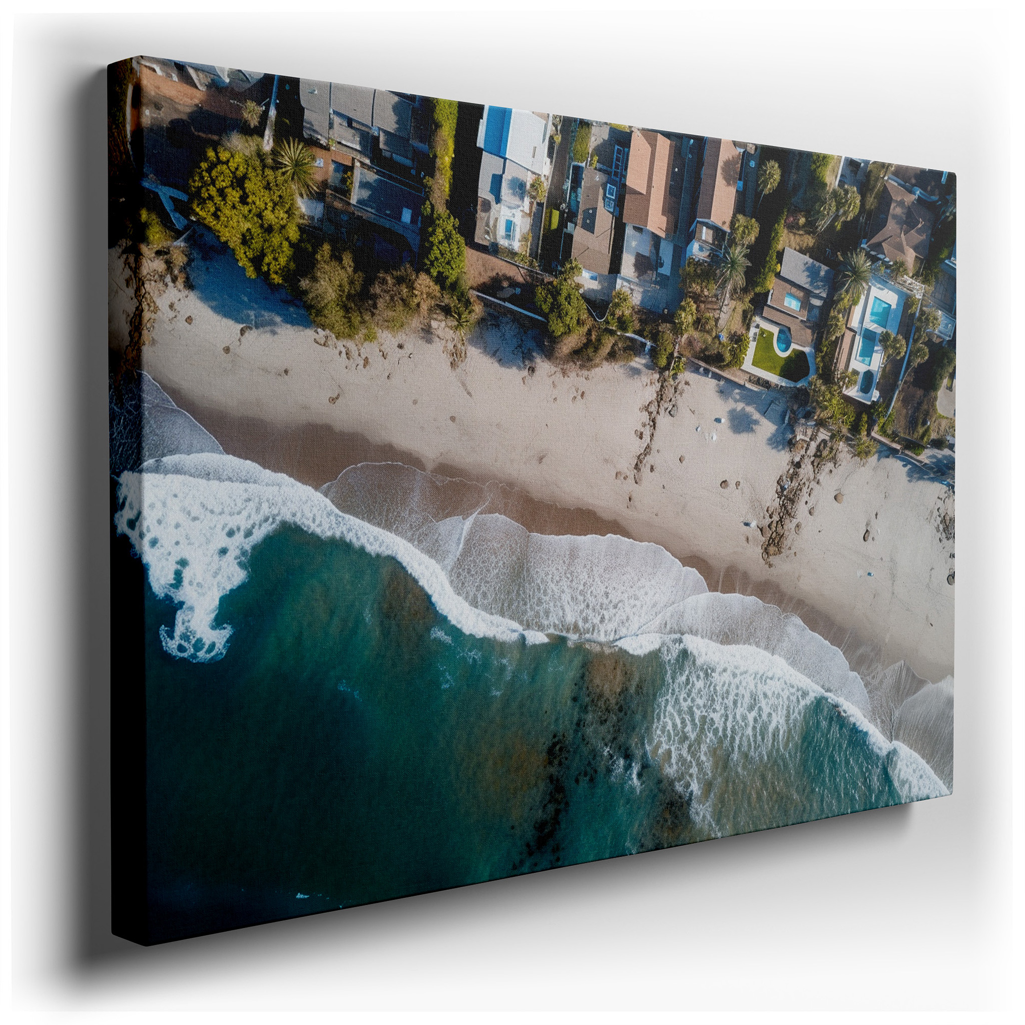 Aerial View of Tranquil Beach and Coastal Homes - Serene Seascape for Peaceful Living, Large Canvas Wall Art Decor for