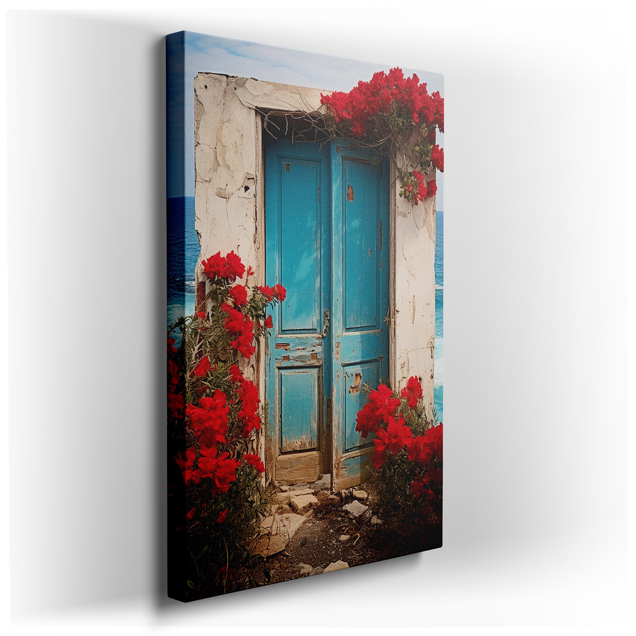 Ancient Doorway to Serenity - Featuring Vibrant Flowers and a Tranquil Ocean Vista. Large Canvas Wall Art for Office