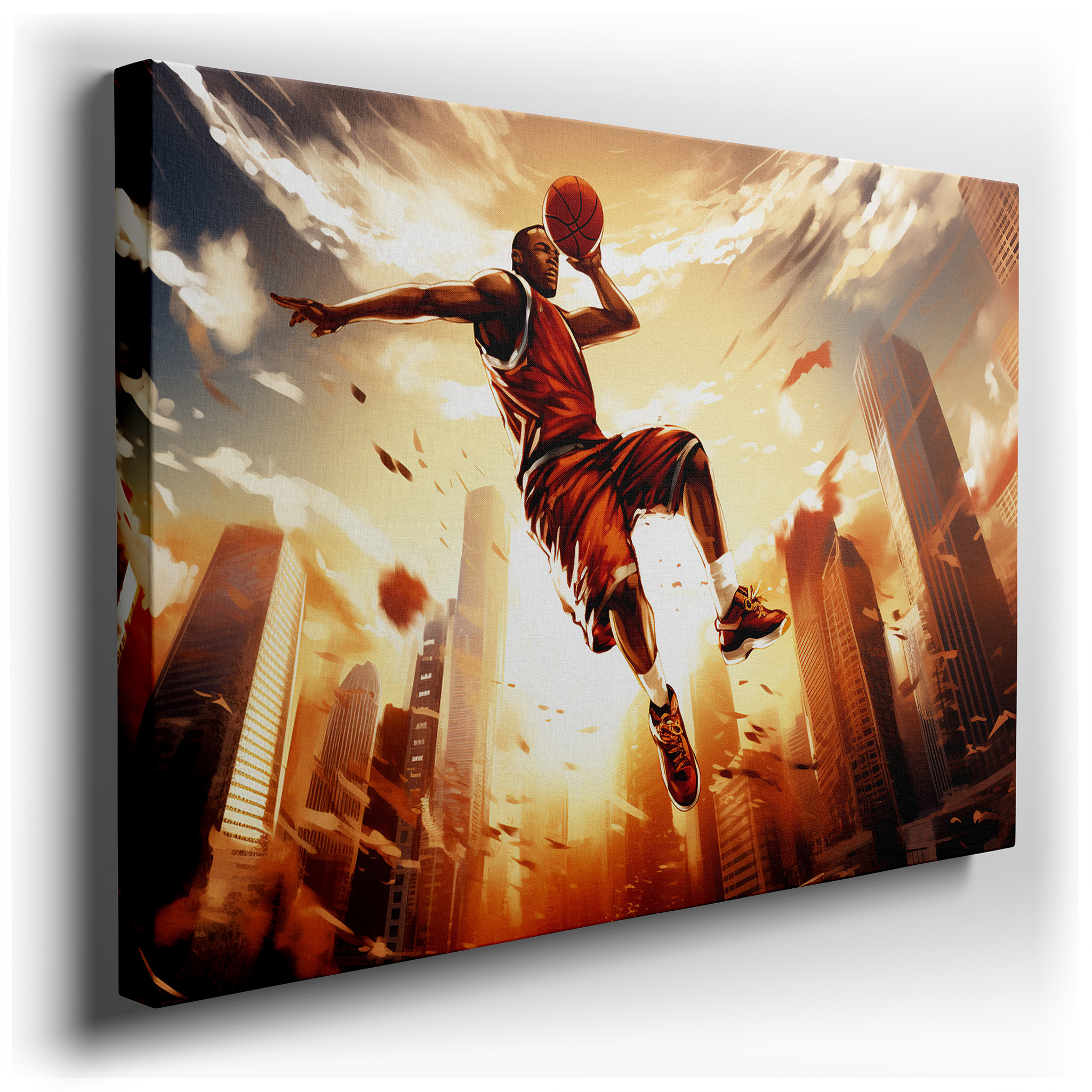 Athlete's Sunset Leap Over Urban Skyline - A Symbol of Resilience and Passion. Large Canvas Wall Art for Office and