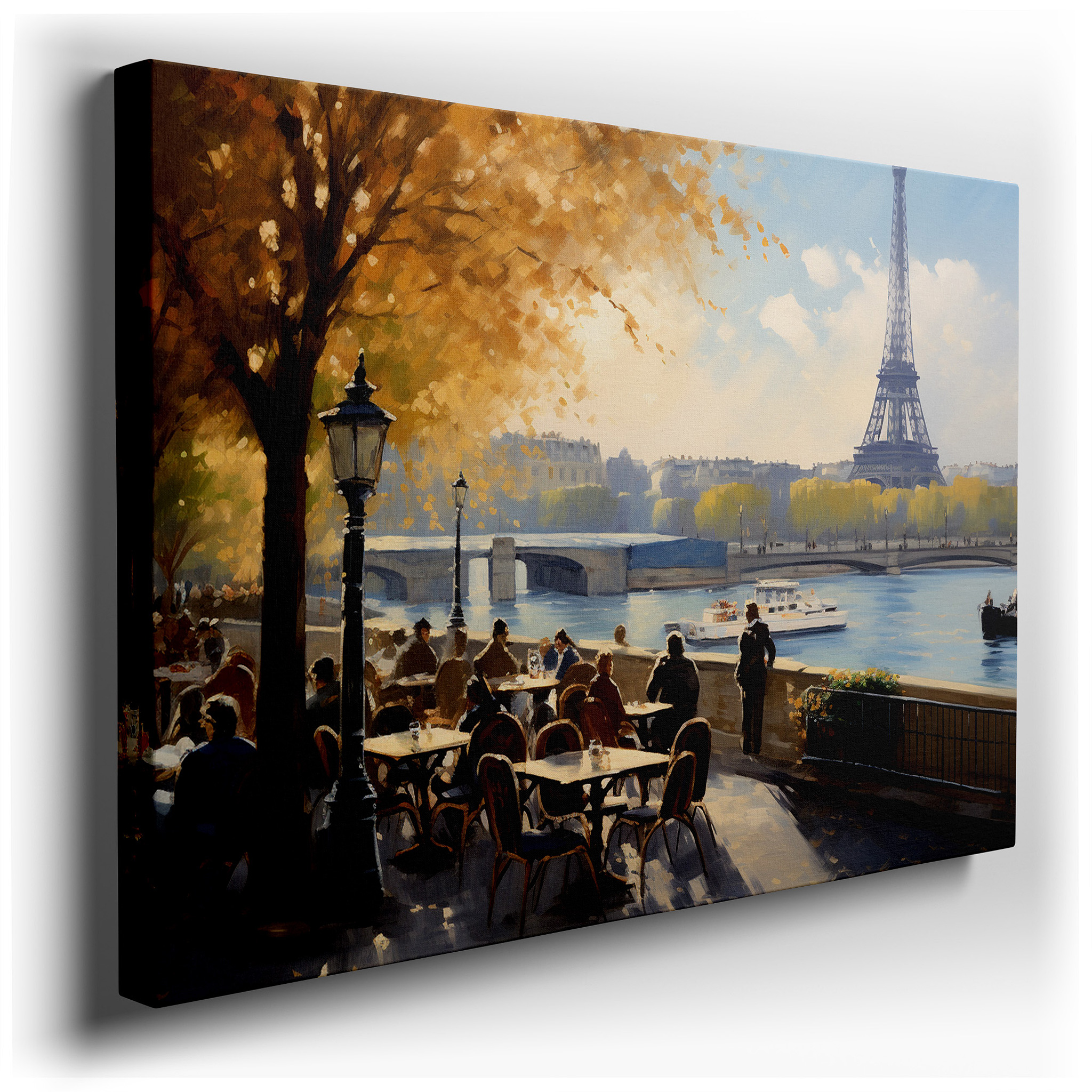 "Autumn in Paris" - Vibrant Café Scene with the Eiffel Tower, Large Canvas Wall Art for Office, Bedroom, and Living