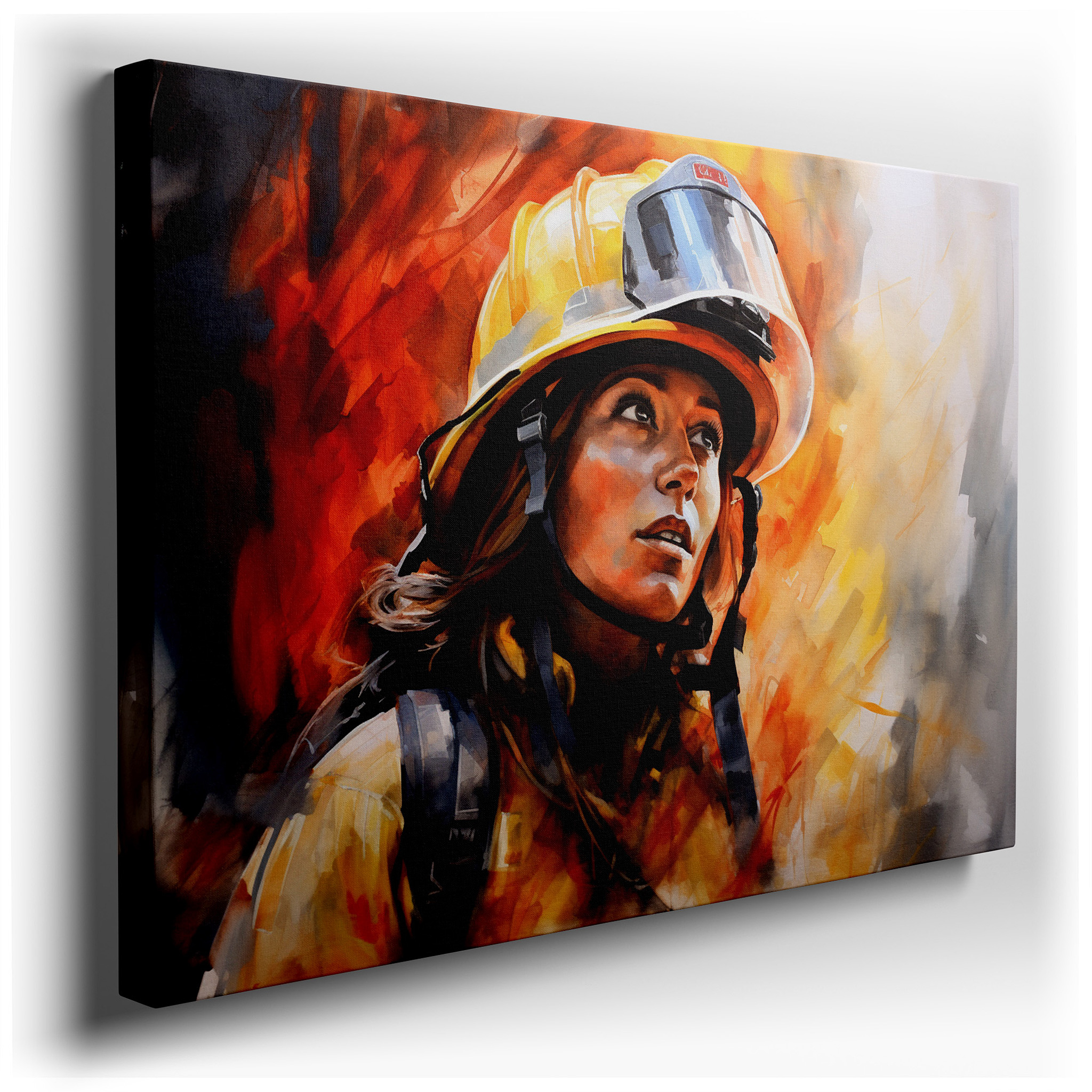 "Beacon of Courage" - Female Firefighter Amidst Flames, Large Canvas Wall Art for Office, Bedroom, and Living Room
