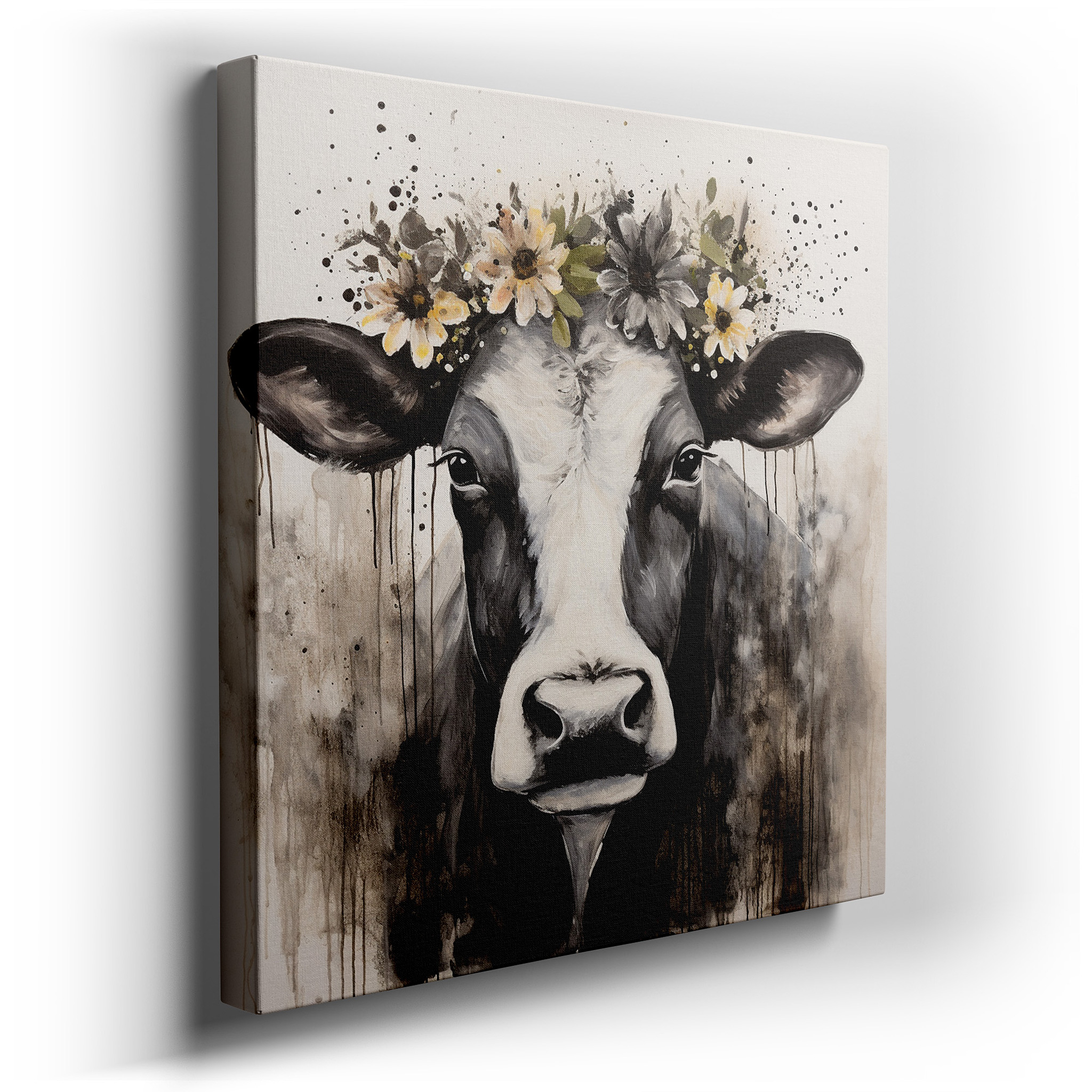 Black and White Cow with Floral Crown - A Serene and Playful Masterpiece for Large Spaces, Canvas Wall Art for Office