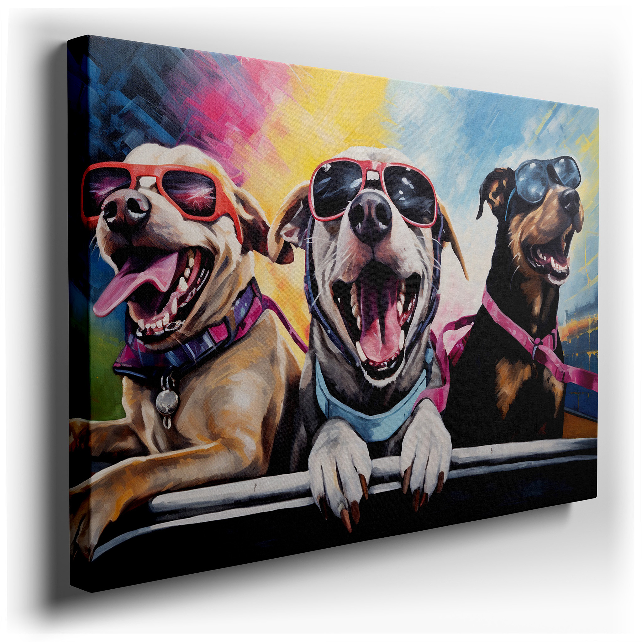 Celebrate Life and Style with Trendy Dogs in Sunglasses - Large Canvas Wall Art for Office and Bedroom Decor wrapped
