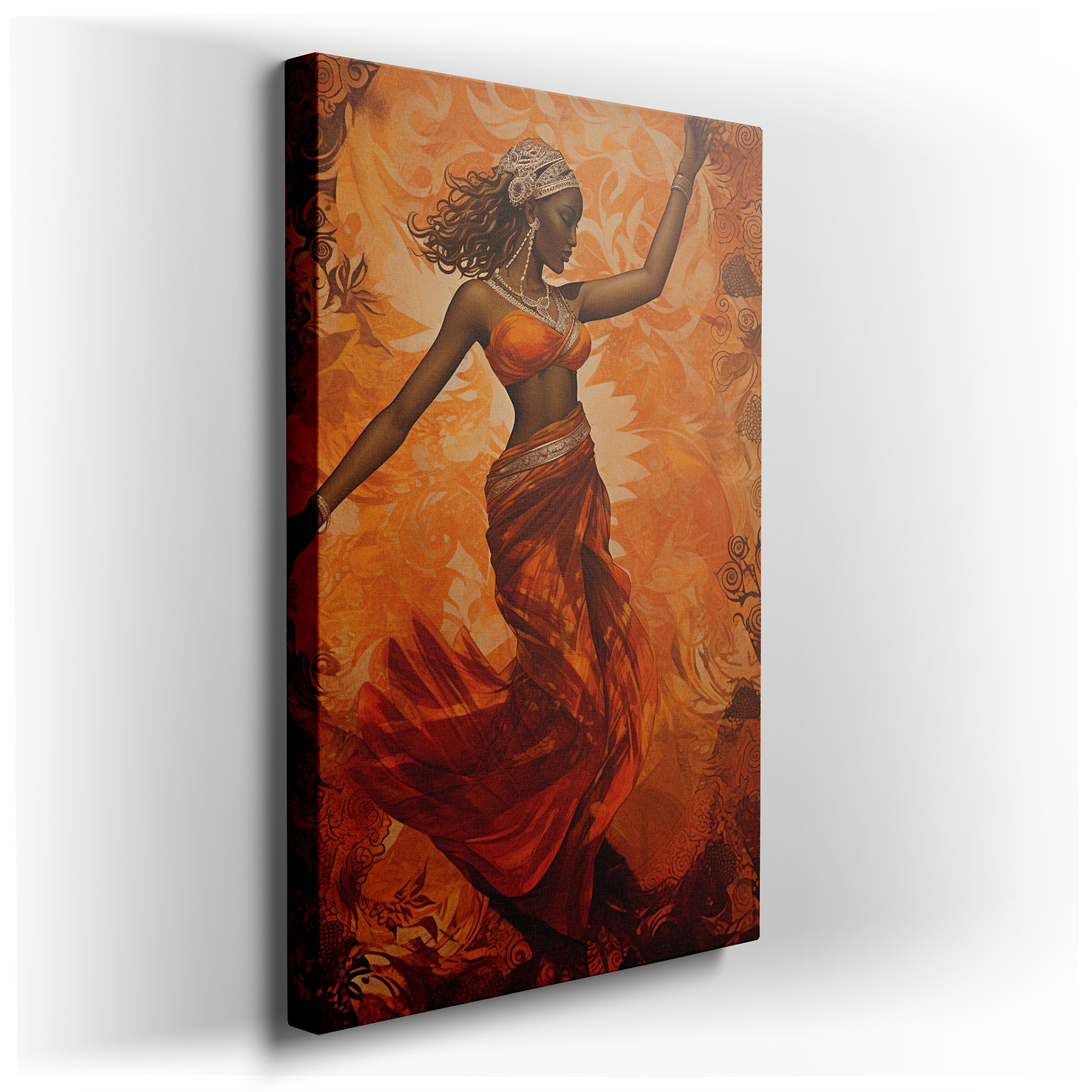 Celebrating Cultural Identity with a Graceful Dance of Tradition in Vibrant Orange - Large Canvas Wall Art for Office