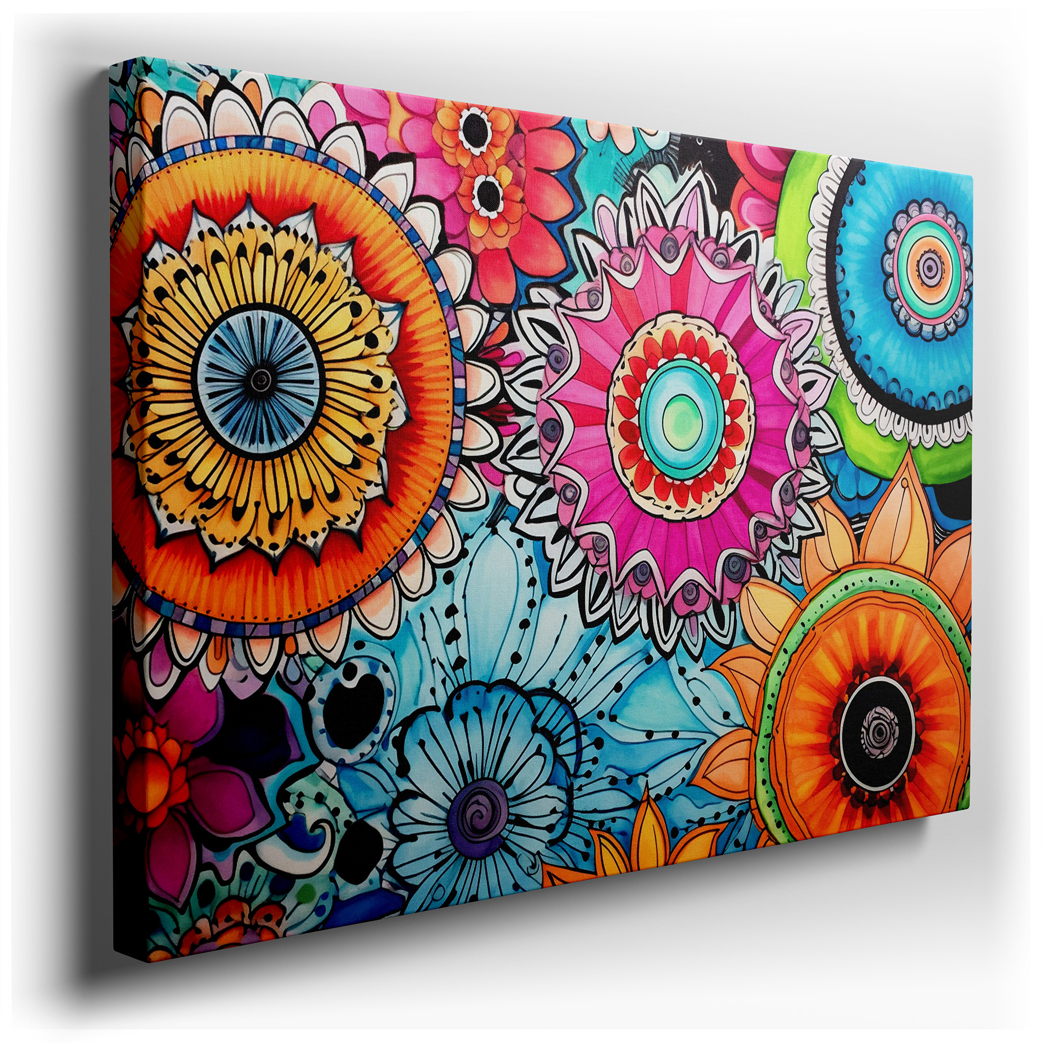 Celebrating Nature and Spiritual Unity with a Vibrant Blend of Floral Realism and Mandala Symbolism - Large Canvas Wall