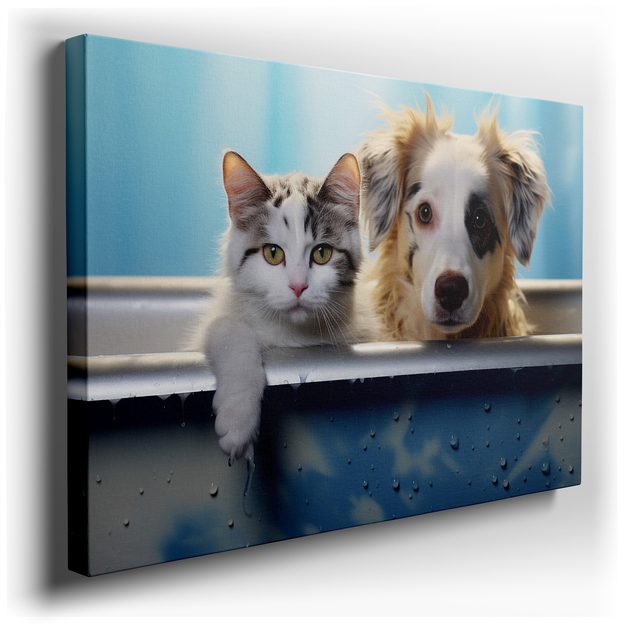 Charming Scene of a Fluffy Dog and Adorable Cat Sharing a Cozy Bathtub, Exemplifying Interspecies Friendship - Large