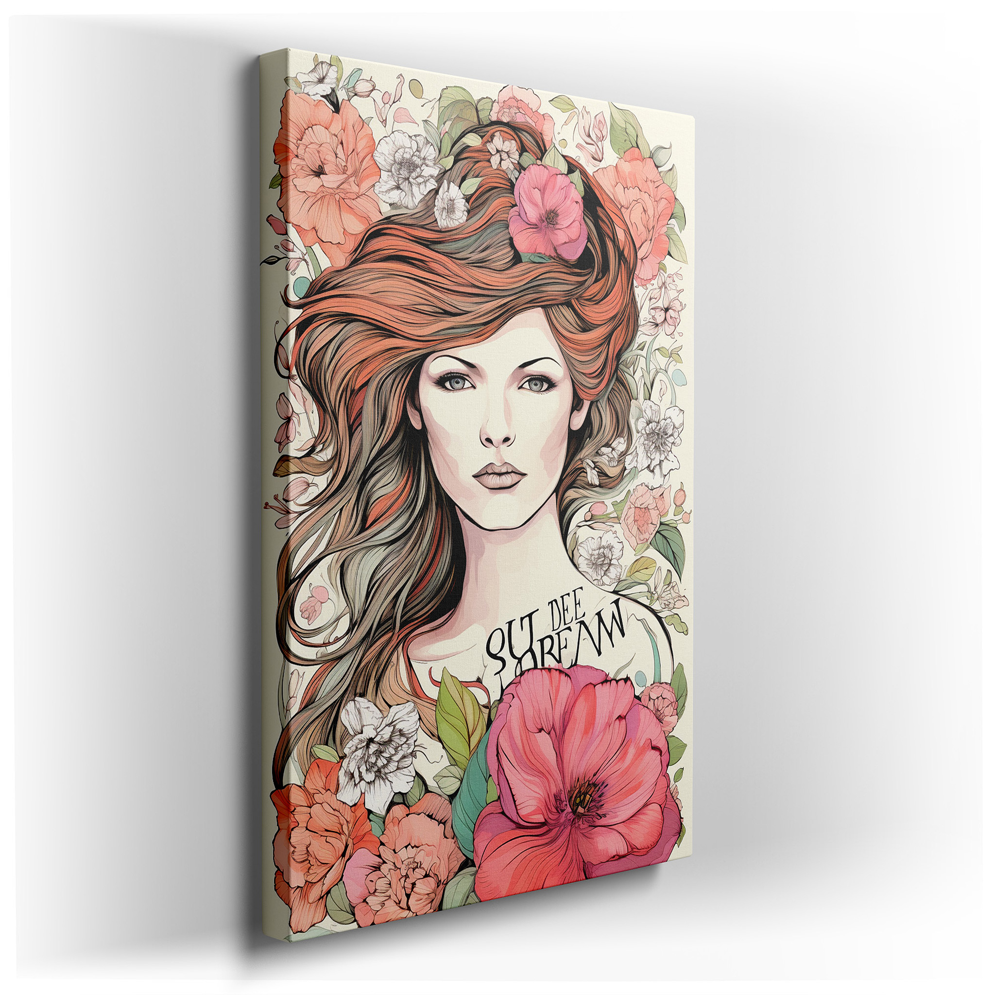 Commanding Presence and Serenity in a Woman's Look Surrounded by Bright Floral Arrangement - Large Canvas Wall Art for
