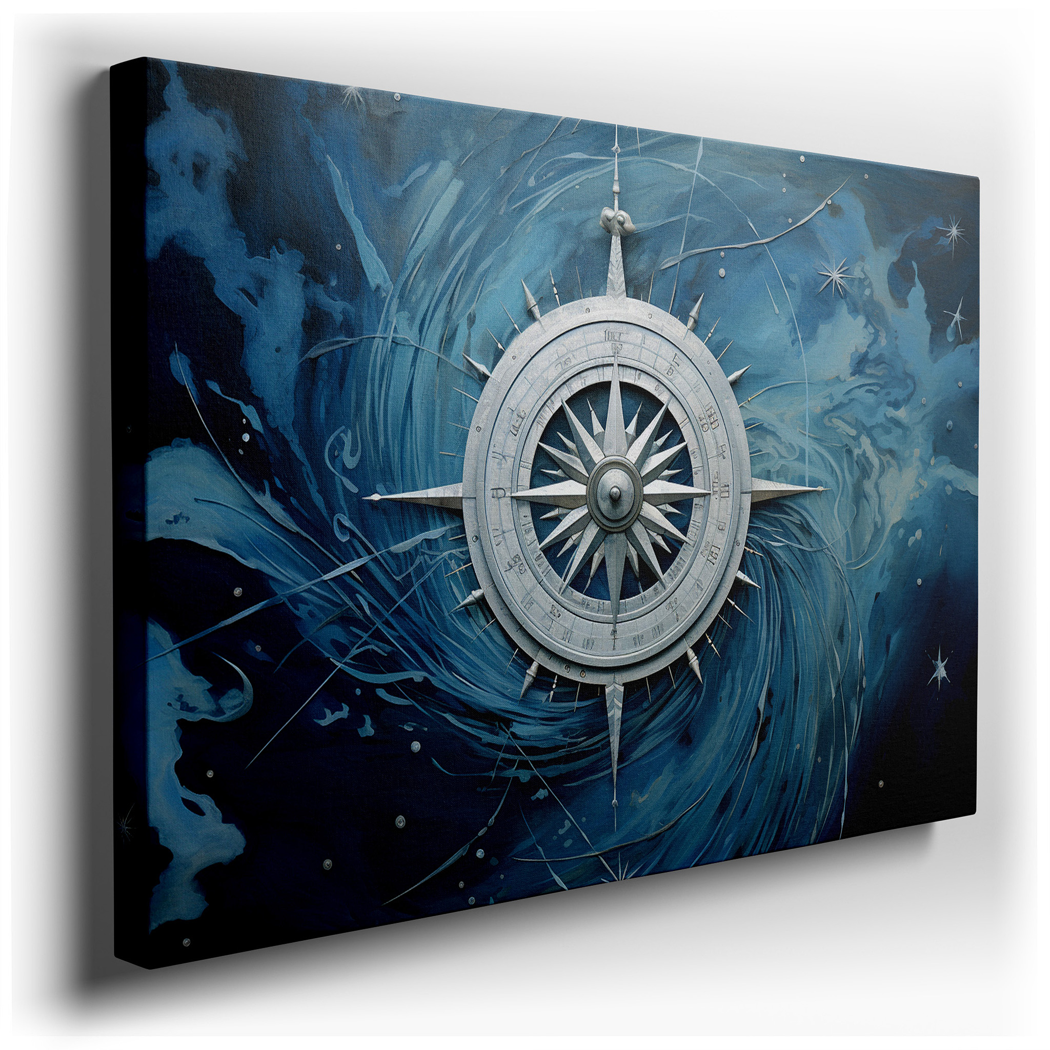 "Compass of Dreams" - Adventure Beacon Amidst Oceanic Swirls, Large Canvas Wall Art for Office, Bedroom, and Living