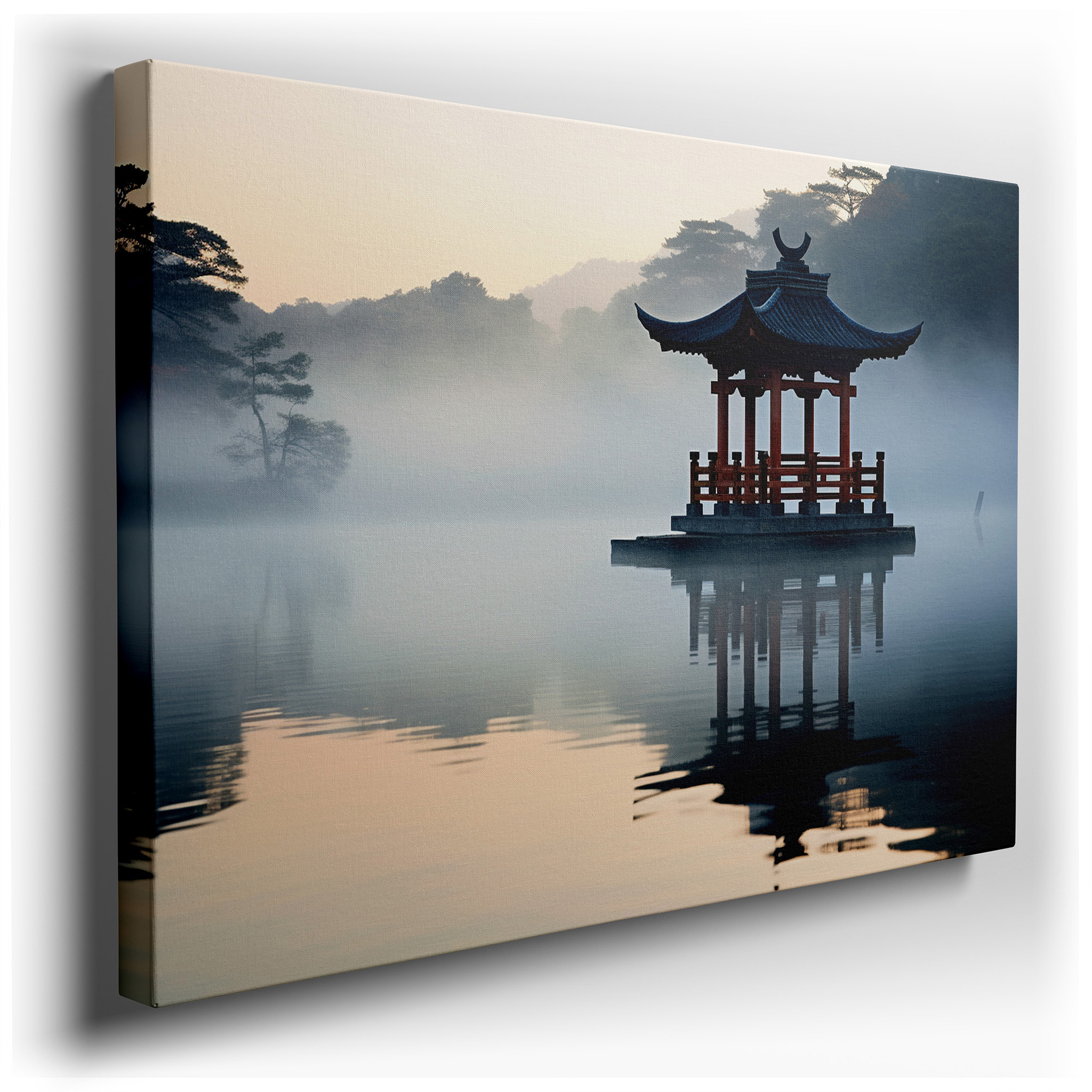 "Dawn's Embrace at the Red Pavilion" - Tranquil Reflections on Misty Waters, Large Canvas Wall Art for Home and Office