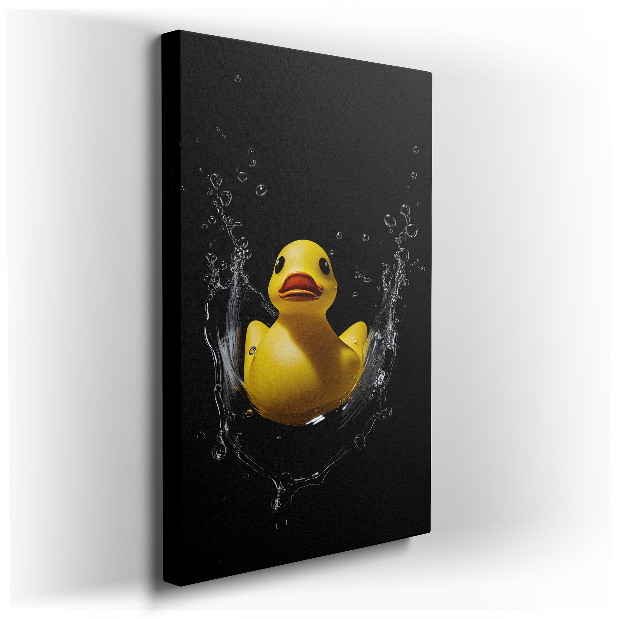 Delightful Yellow Duck Happily Drifting with Lively Splashes and Whimsical Bubbles - Large Canvas Wall Art for Office