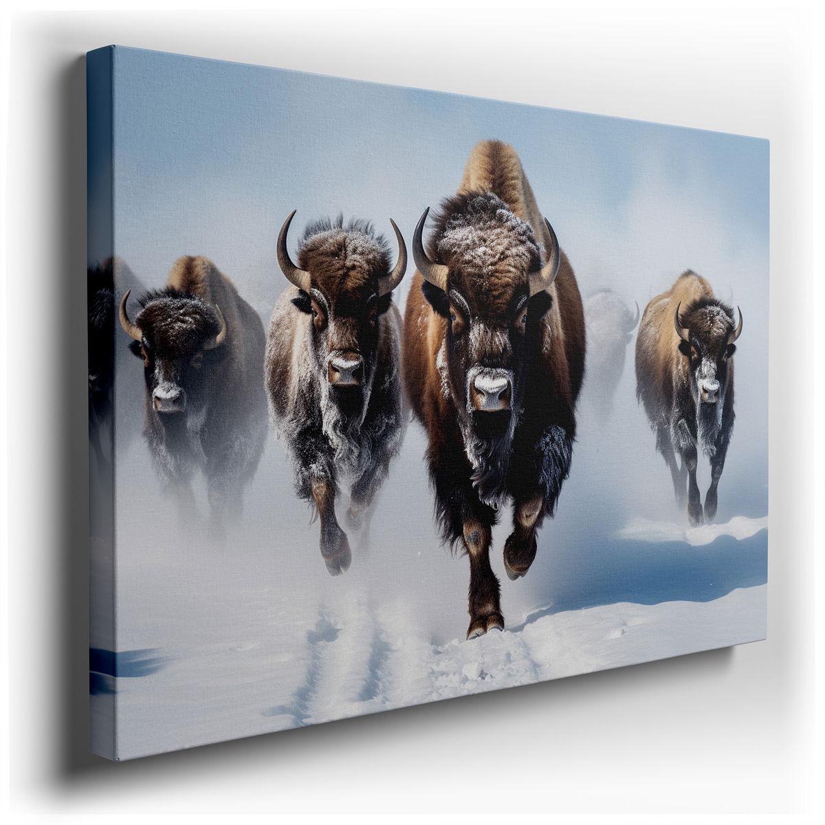 Dynamic Bison Charge Across Snow-Covered Plains - Large Canvas Wall Art