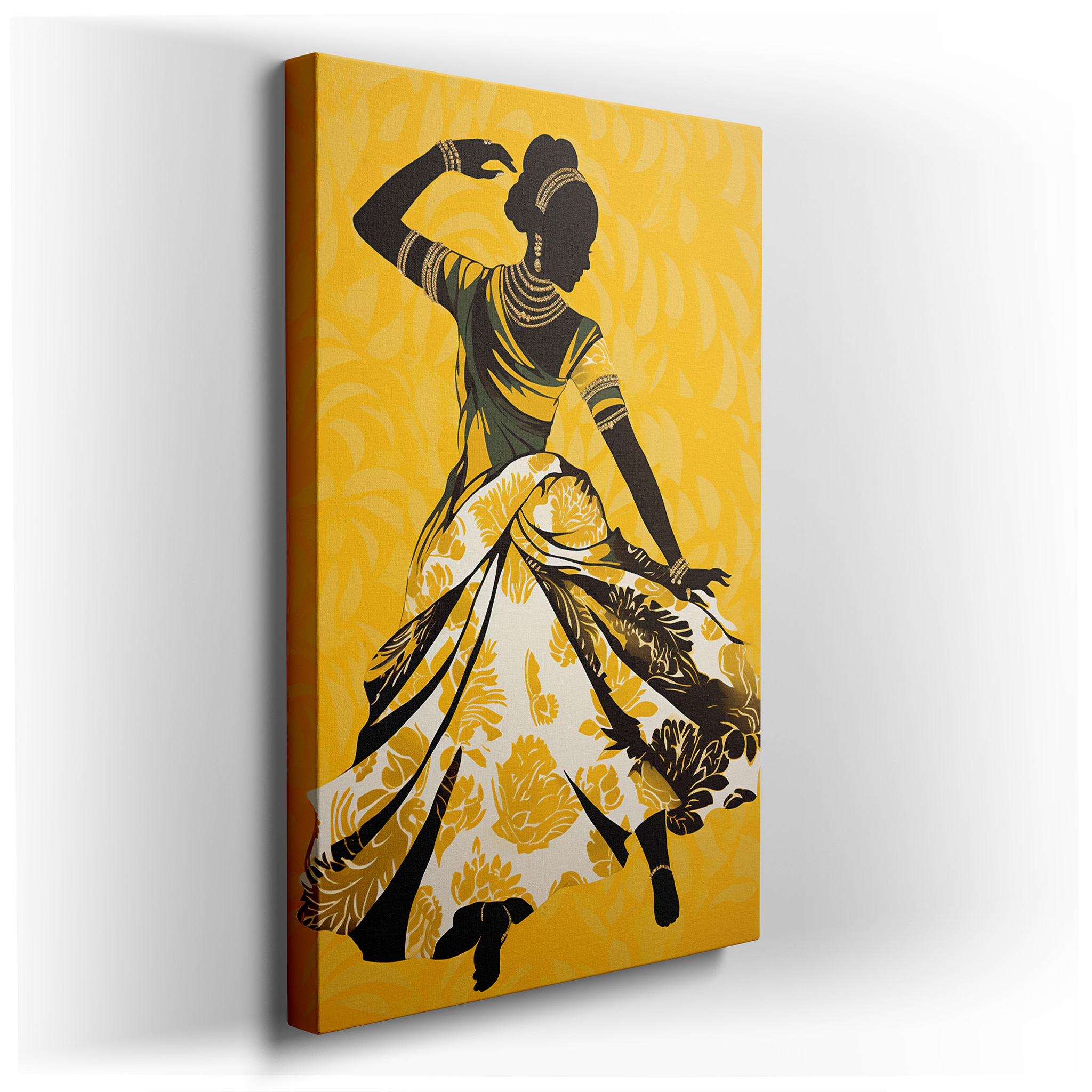 Elegant Dancer in a Flowered Dress on a Bright Yellow Background, Representing Femininity and Freedom - Large Canvas