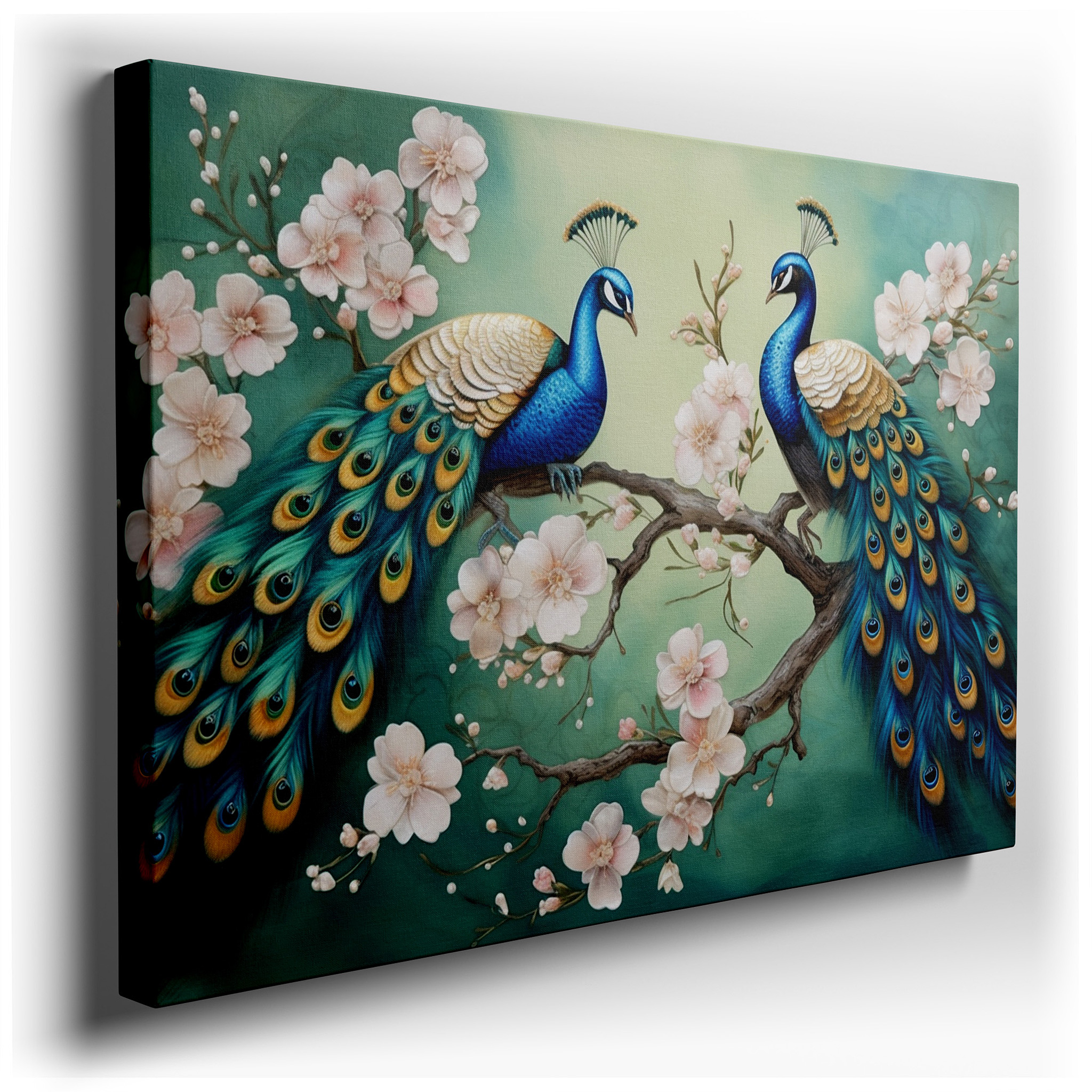 Elegant Nature Scene with Peacocks and Cherry Blossoms - Large Canvas Art for Office and Bedroom Decor wrapped canvas