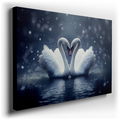 Elegant Swans Creating a Heart - Black and Blue Canvas Wall Art