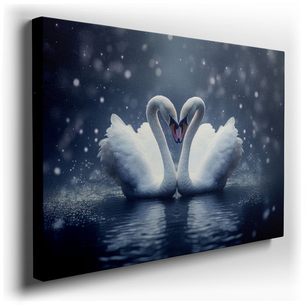 Elegant Swans Creating a Heart - Black and Blue Canvas Wall Art