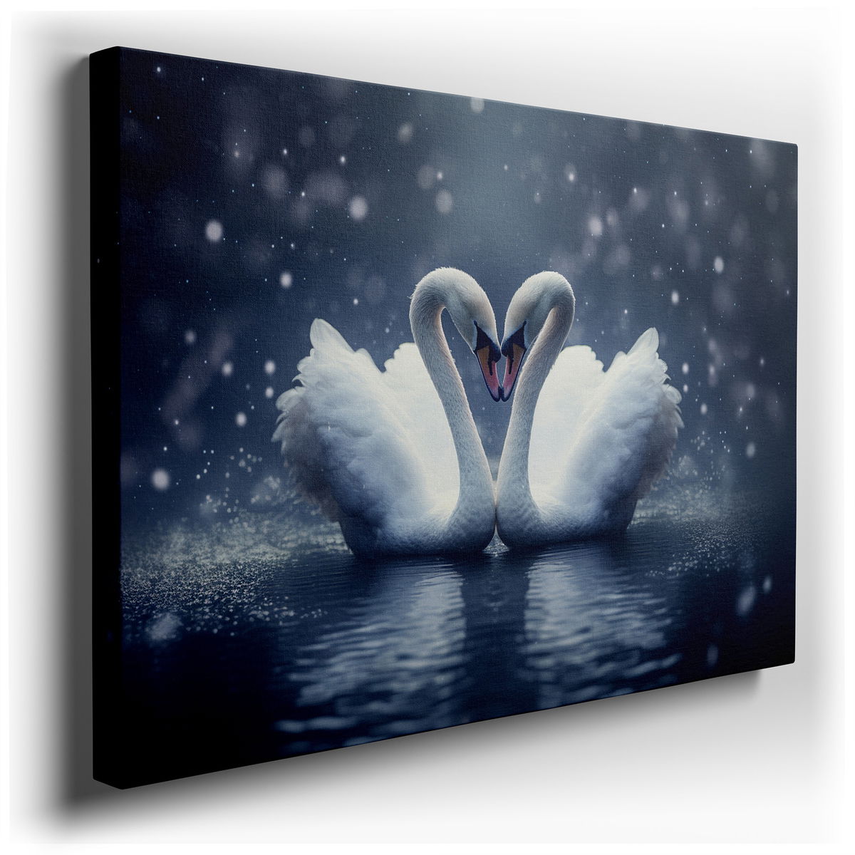 Elegant Swans Creating a Heart - Black and Blue Canvas Wall Art