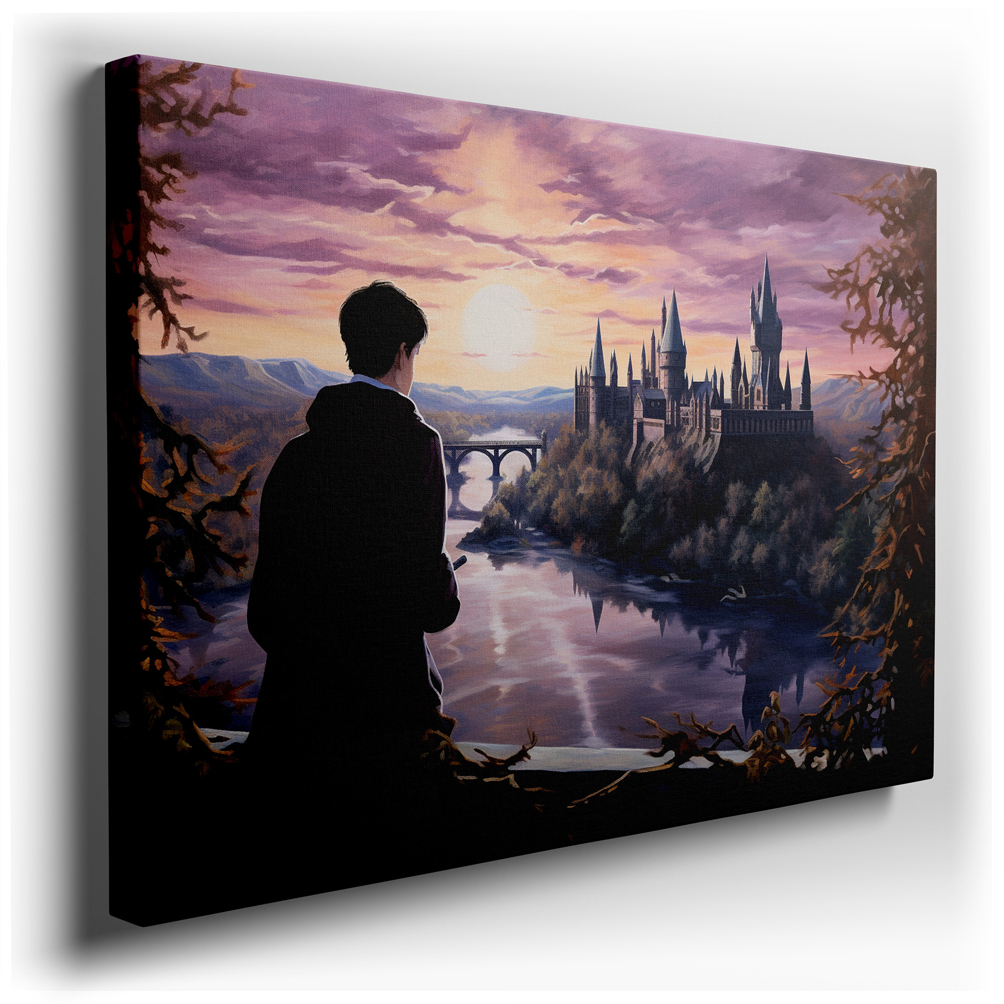 Enchanting Castle at Sunset Featuring a Mysterious Cloaked Figure - Ideal for Office and Bedroom Decor, Large Canvas