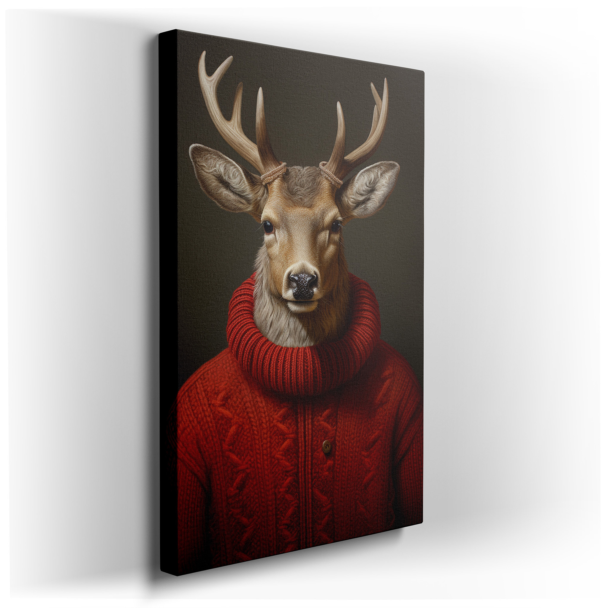 Enchanting Deer in a Red Sweater Surrounded by Gentle Forest - A Playful Fusion of Nature and Comfort. Large Canvas