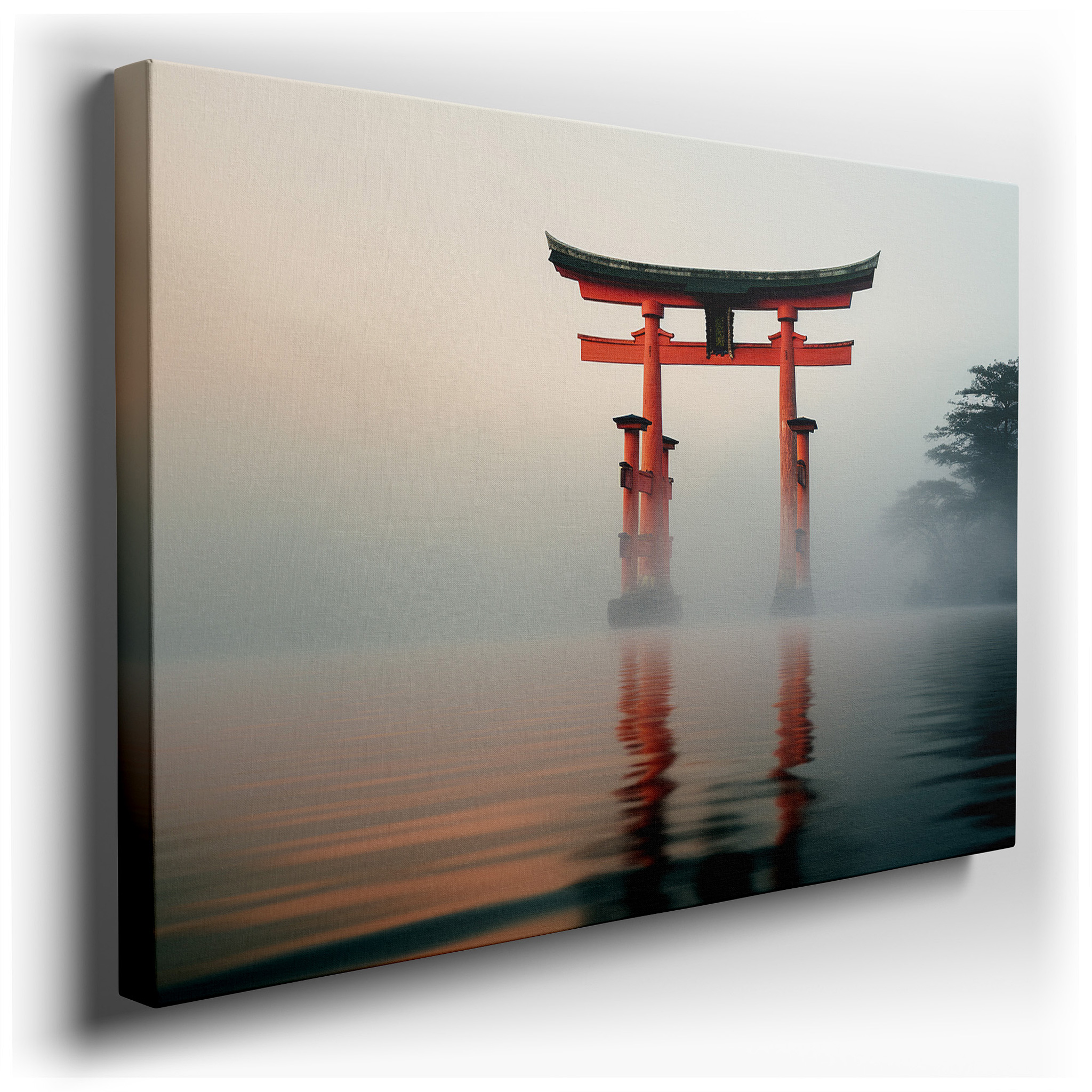 Enchanting Red Torii Gate on a Misty Waterscape - A Gateway to Peace and Reflection. Large Canvas Wall Art for Home and