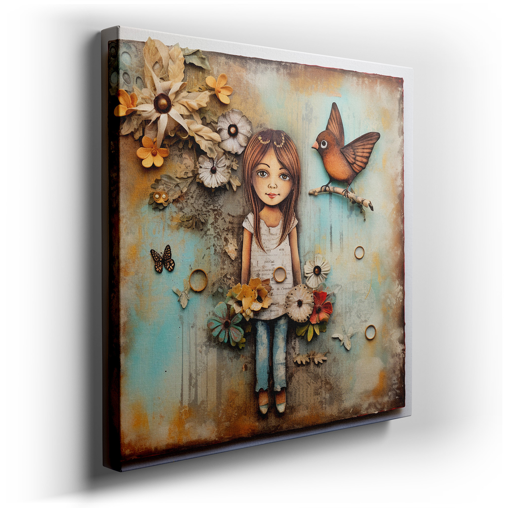 Enchanting Scene of a Serene Girl and Lively Bird Among Vivid Flowers - A Whimsical Exploration of Innocence Large
