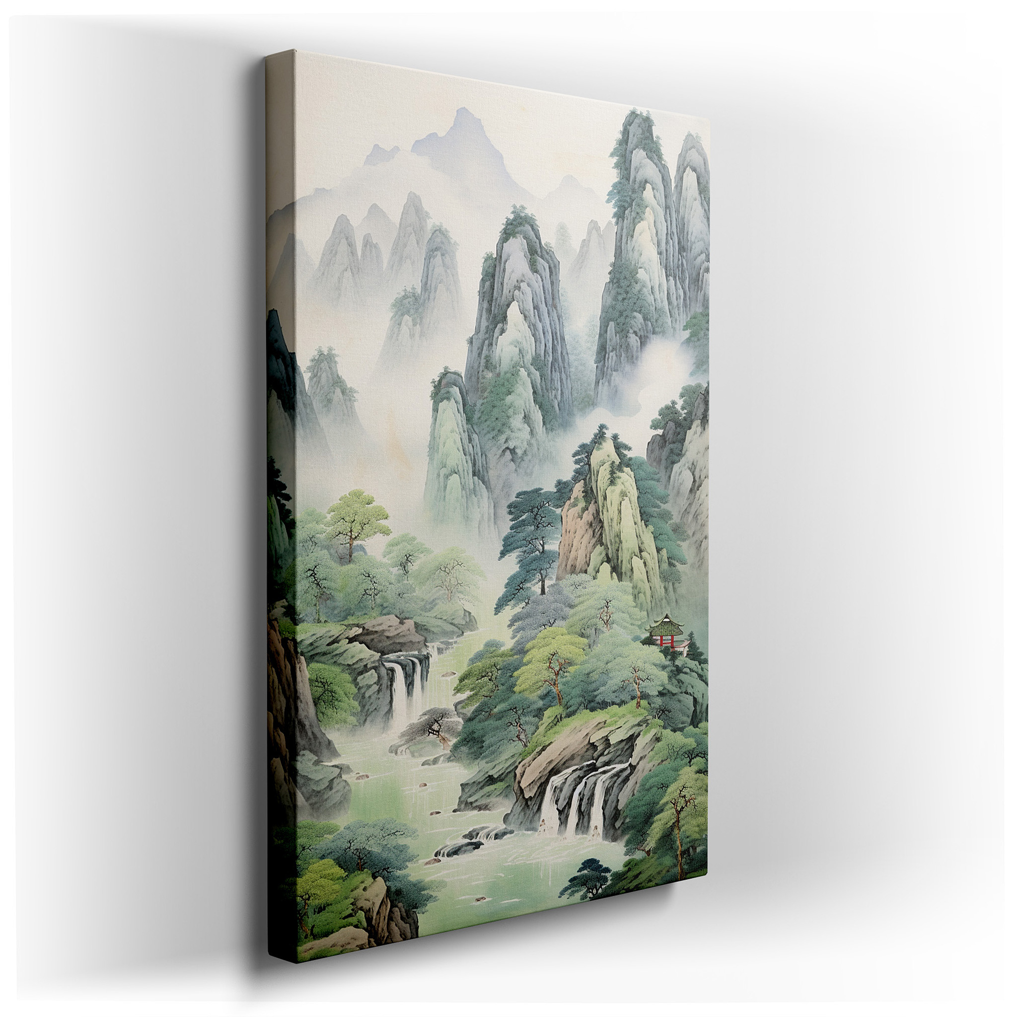 Enchanting Valley Scene with Foggy Mountains, Lush Greenery, and Waterfalls - Large Canvas Art for Home and Office