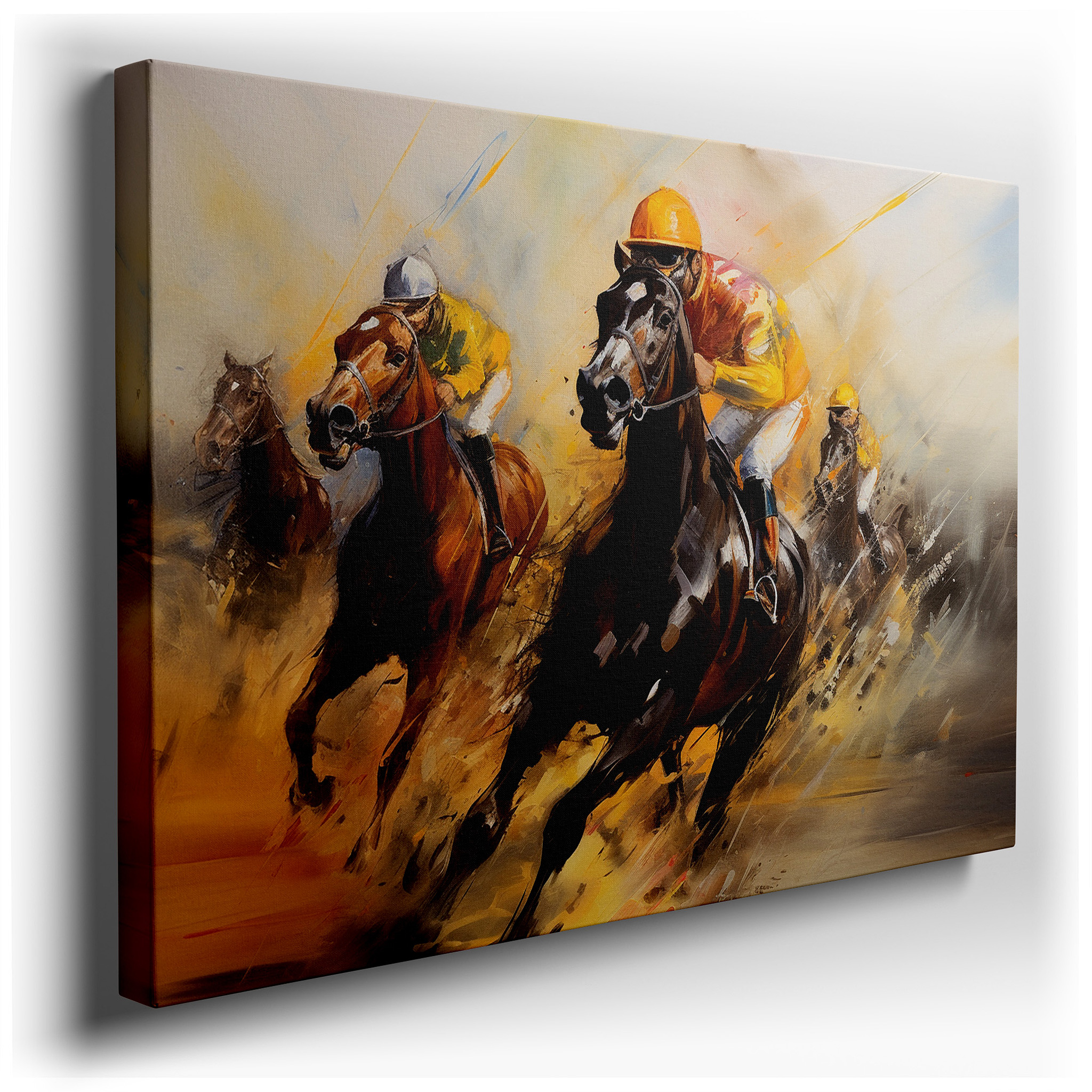 Exciting Horse Racing Scene Depicting Intense Rivalry and Lively Energy - Large Canvas Wall Art for Office and Bedroom