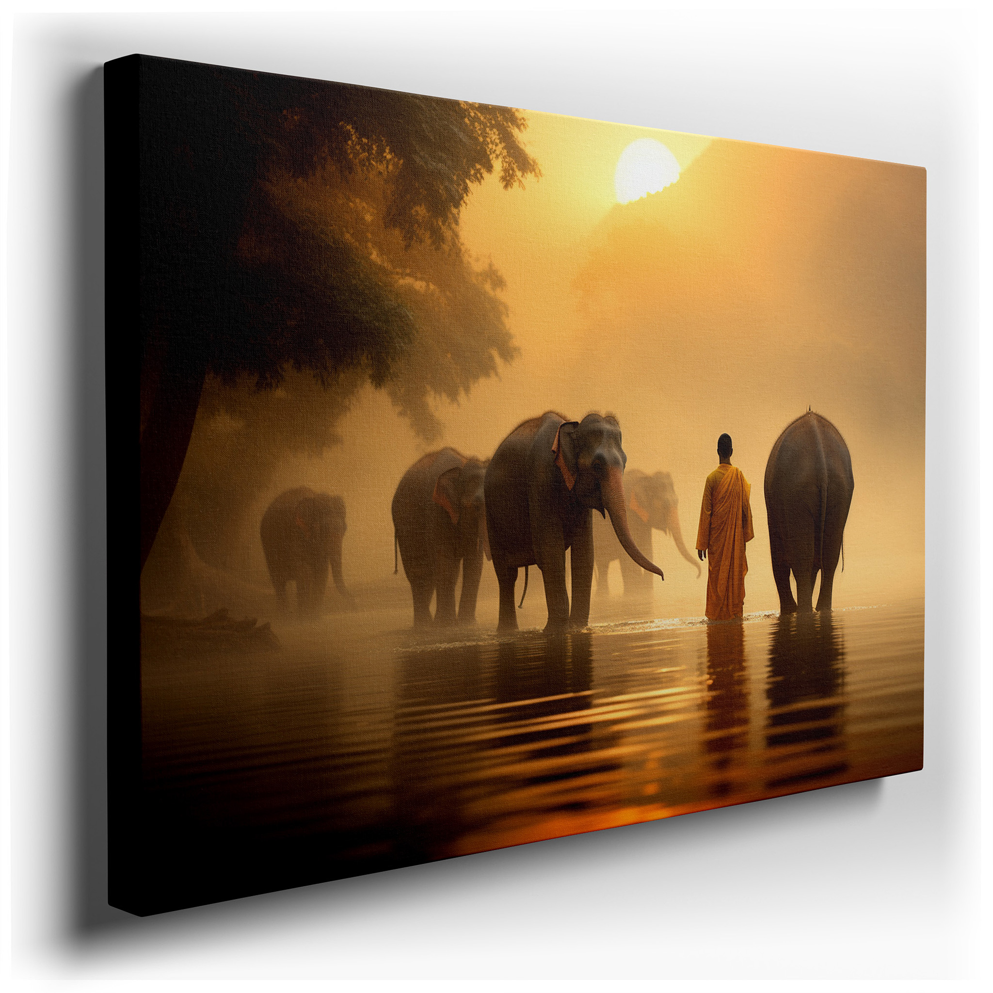 Experience Harmony and Spirituality with this Misty Sunrise Scene Featuring Monks and Elephants. Perfect for Office,