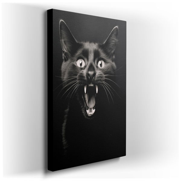 Fierce Black Cat in Mid-Roar - Minimalist Canvas Wall Art
