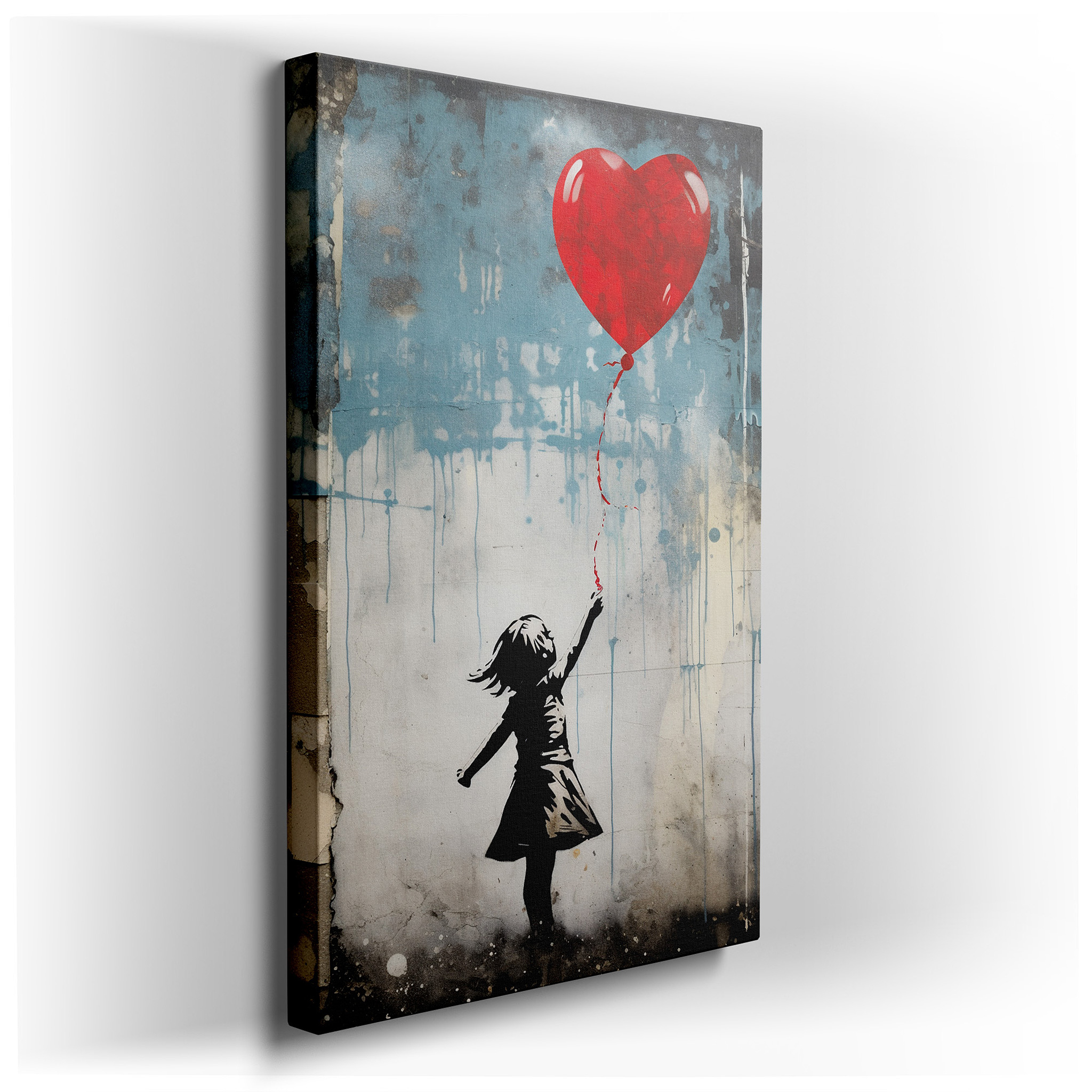 "Girl with the Heart - Shaped Balloon" - Emblem of Hope and Dreams Amidst Urban Life. Large Canvas Art for Home and
