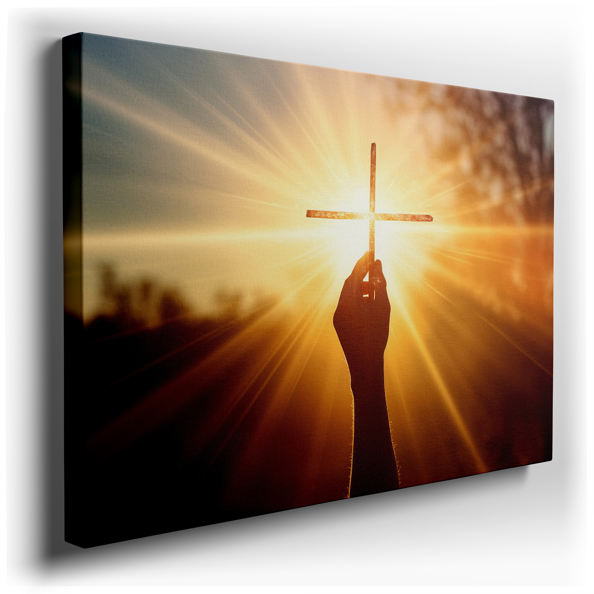 Hand Holding Cross at Sunset - Symbolizing Faith and Renewal, Large Canvas Wall Art for Office and Bedroom Decor