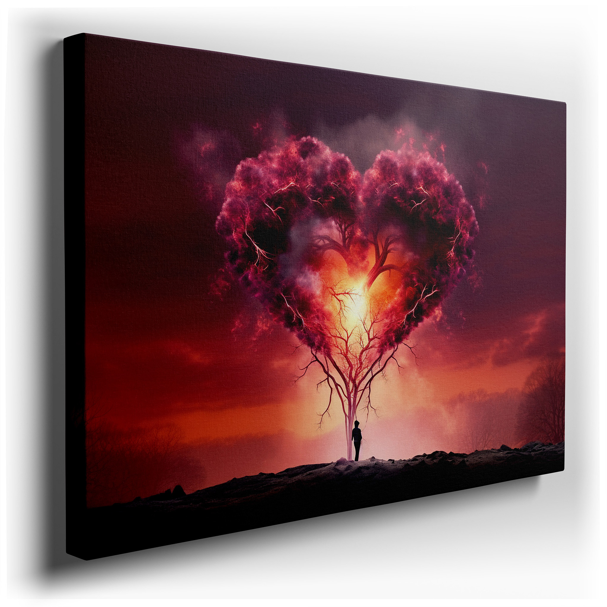 Heart - Shaped Tree with Fiery Background - Symbolizing the Intensity of Love and the Serenity of Nature. Large Canvas
